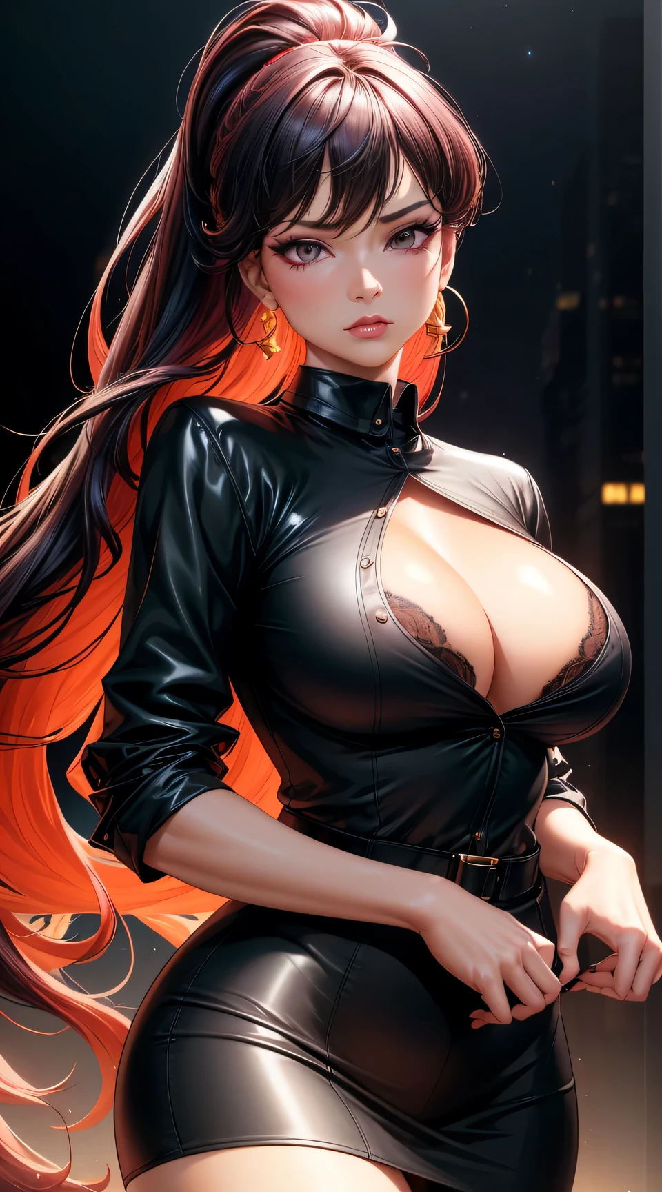 (best quality:1.5, highres, UHD, 4K, detailed lighting, shaders), black floral haired, gradient hair, large breasts, suit, red shirt, social shirt, short skirt, mature woman , (pov), black background, colorful eyeshadow, dramatic lighting, sparkling eyes, sensual expression, golden earrings, flowing hair, delicate facial features, dark skin, high cheekbones, urban setting black, background, dont look for the camera, lean forward, behind the camera