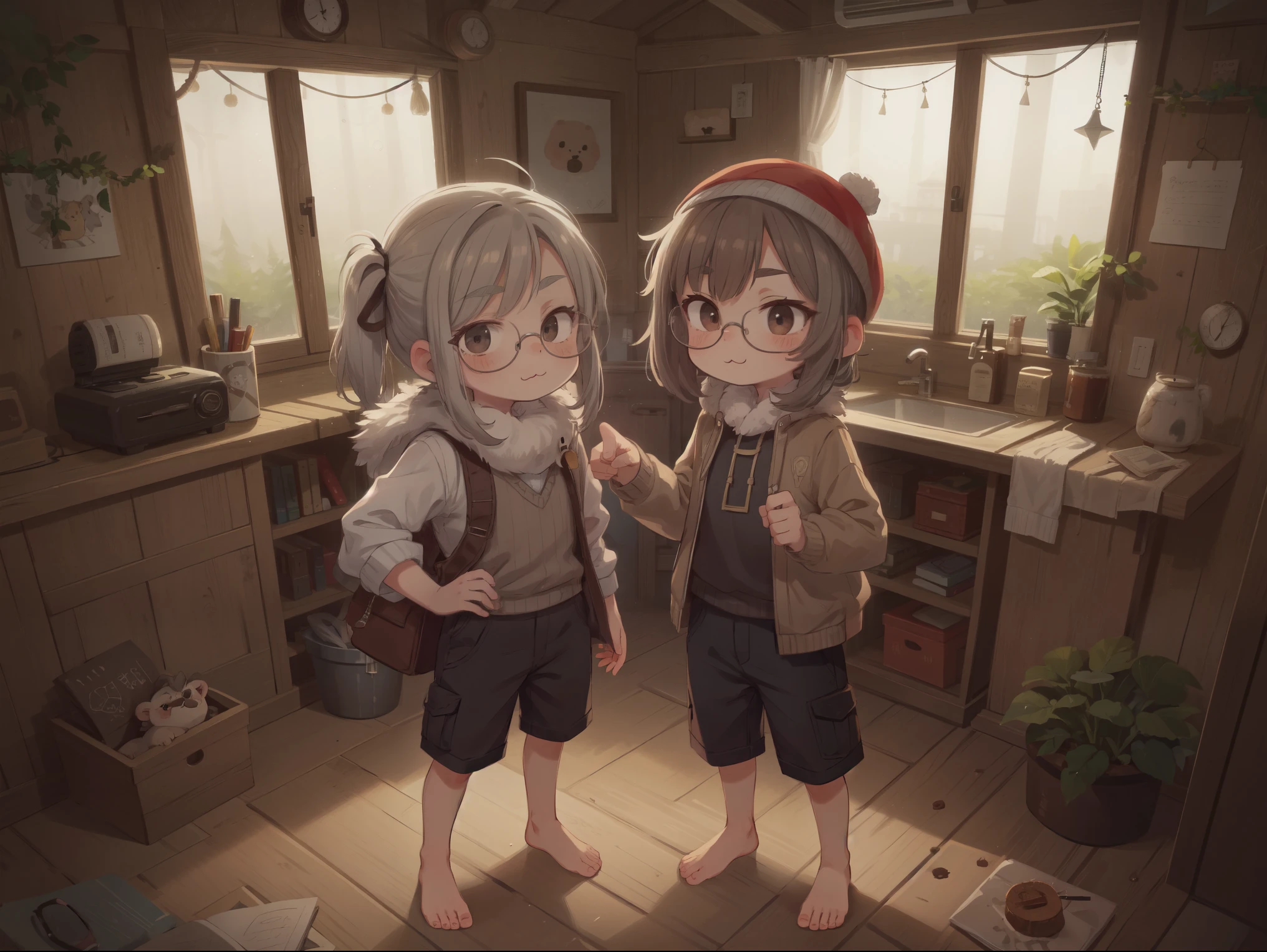 Furry shota, young, polar bear, grey hair, spiky hair, spiky short ponytail, detailed body fur, brown eyes, winter blue vest, open clothes, black short pants, wool cap, masterpiece, looking at you, white body fur, detailed face, big eyebrows, detailed eyes, detailed body, inside cabin, detailed hands, flat body, glistering body, shiny body, skinny, spectacular effects, sassy face, :3, glasses, standing, perfect lighting, perfect shadows, perfect eyes, perfect hair, perfect face, gorgeous body, feets whit three toes, full body,