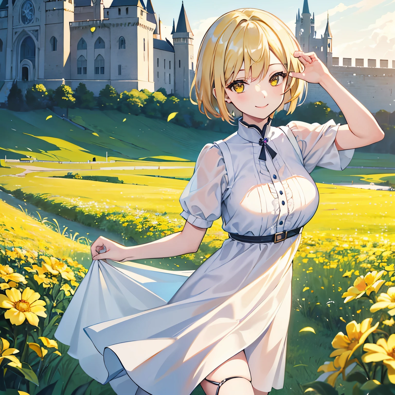 (masterpiece、4K、detailed)pretty girl、(blonde short bob hair、one person、looking at the camera、Beautiful yellow eyes、close up smile、Are standing、cute clothes、short white dress)、grassland、I can see the castle in the distance