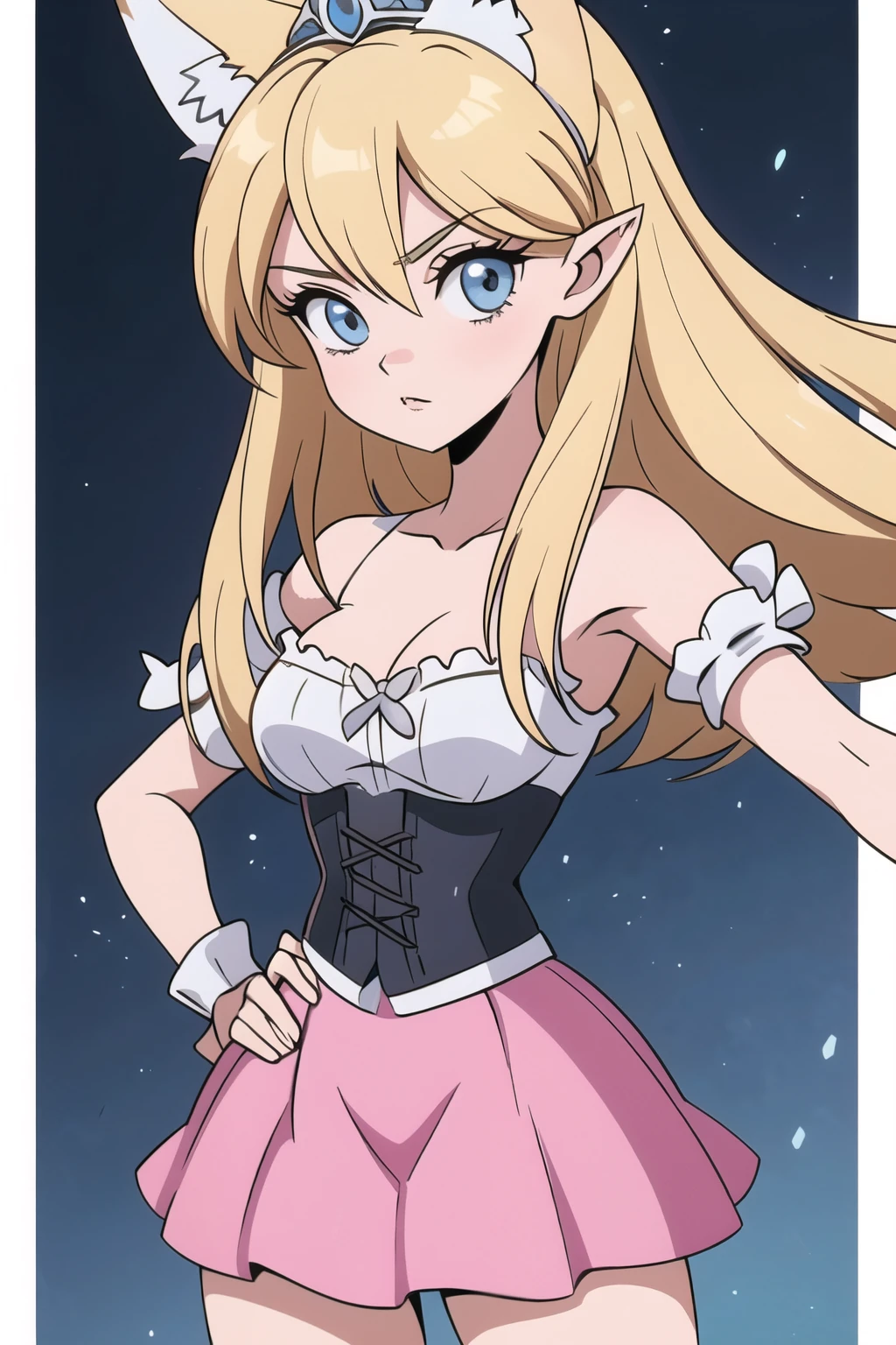 Beautiful 1girl, full body, ager, solo, (very long waist length blonde hair, straight blonde hair: 1.28), ((light blue eyes)), clear skin, (large darker fox ears: 1.35), pale skin, medium breasts, cleavage, (thin hips, thin waist , athletic body: 1.25), background, looking away, (wearing pink corset, pink skirt, tiara: 1.1), looking at viewer, on castle rooftop, masterpiece, best quality,3d rending work ,3DMM style, close-up, portrait, 3D,