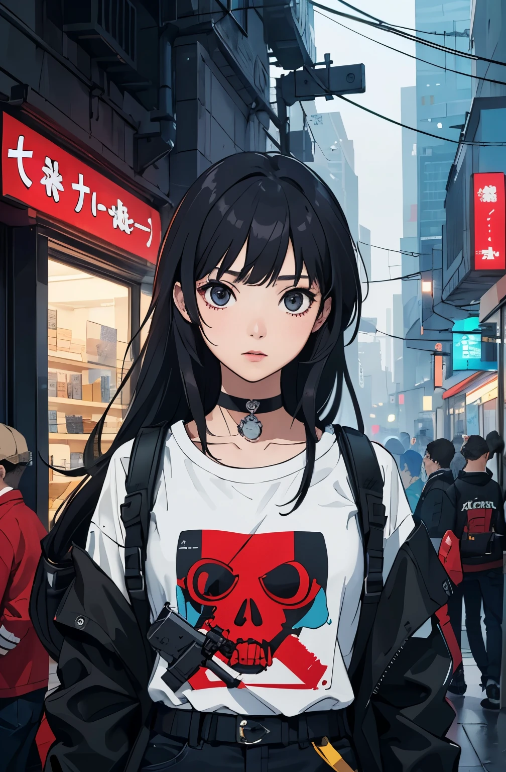 girl is wearing a skeleton costume sweater in the middle of a crowd in the city, crowd faces are blurry, surreal background with halloween decorations