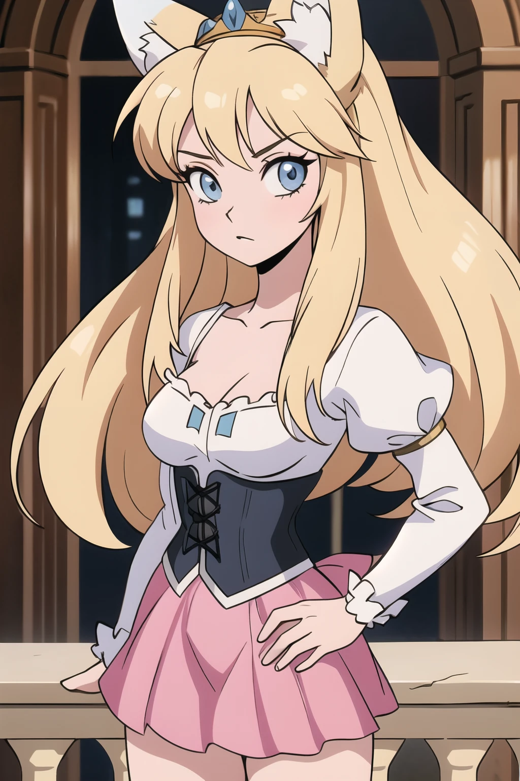 (masterpiece, best quality), 1girl,   <lora:Beelzebub_jou:0.8> beelzebubjou, very long hair, hair flaps, large breasts, blonde hair, pink dress, frilled dress, epaulettes, cleavage cutout, puffy short sleeves, wrist cuffs, white thighhighs