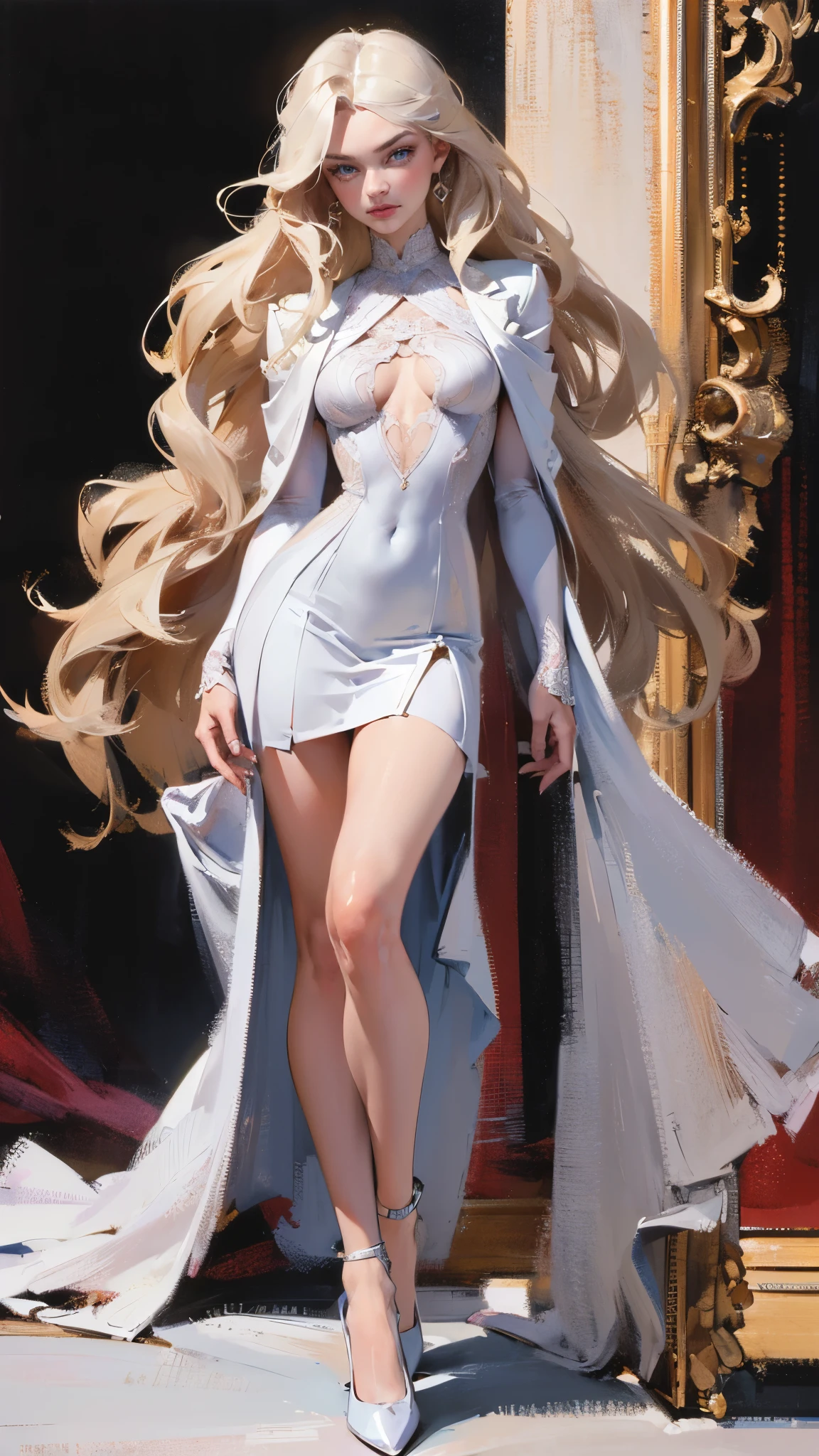 ((masterpiece,best quality,8k,highres)),((character concept art)), 1 female, young adult female, Anastasia Volkova, 18 years old, 175cm, (long, platinum blonde hair), platinum blonde hair, (fair skin colour), ultra finely detailed eyes (blue eyes colour), dazzling, graceful, confident, perfect body build ((slim)), ((intricate detail)), super finely detailed hands, ultra finely detailed fingers(((ten fingers))), wearing pink blazer jacket white shirt and white pencil pleated skirt, (standing with grace), ((full body showcase)), (show full body), (no logos on background), (no logo), ((plain background)), ((plain background)), (((empty background)))