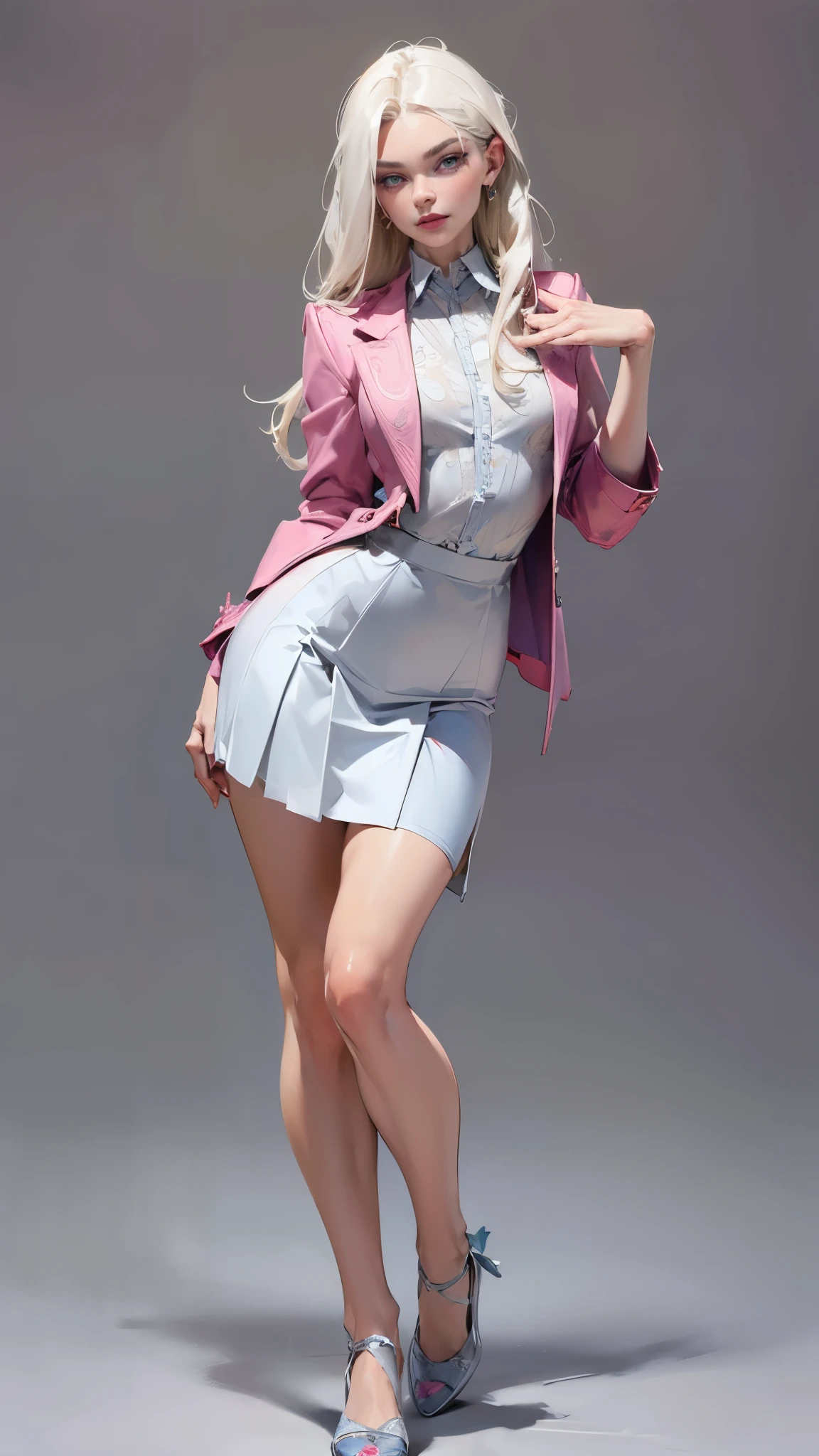 ((masterpiece,best quality,8k,highres)),((character concept art)), 1 female, young adult female, Anastasia Volkova, 18 years old, 175cm, (long, platinum blonde hair), platinum blonde hair, (fair skin colour), ultra finely detailed eyes (blue eyes colour), dazzling, graceful, confident, perfect body build ((slim)), ((intricate detail)), super finely detailed hands, ultra finely detailed fingers(((ten fingers))), wearing pink blazer jacket white shirt and white pencil pleated skirt, (standing with grace), ((full body showcase)), (show full body), (no logos on background), (no logo), ((plain background)), ((plain background)), (((empty background)))