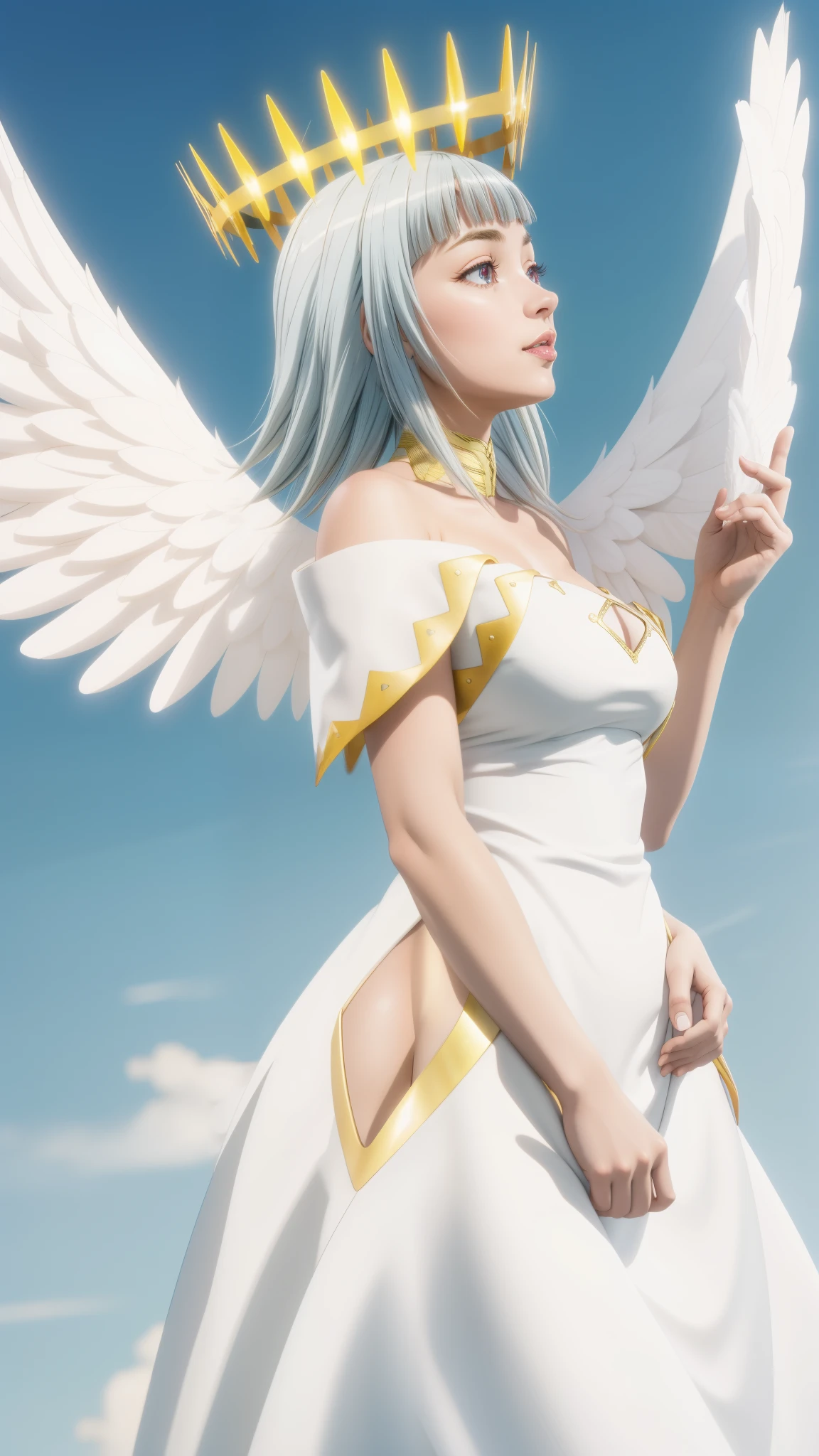 masterpiece, best quality, AltSiaV4, 1girl, solo, white background, dress, wings, halo, feathered wings, angel wings, angel, multiple wings, 