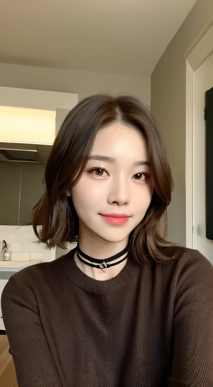 ((during the day, realistic lighting, best best quality, 8K, master masterpiece:1.3)), 1 girl, Beautiful woman with slim figure:1.4, (brown hair,), black long sweater:1.1,super detailed face,delicate eyes,double eyelid,smile,choker
