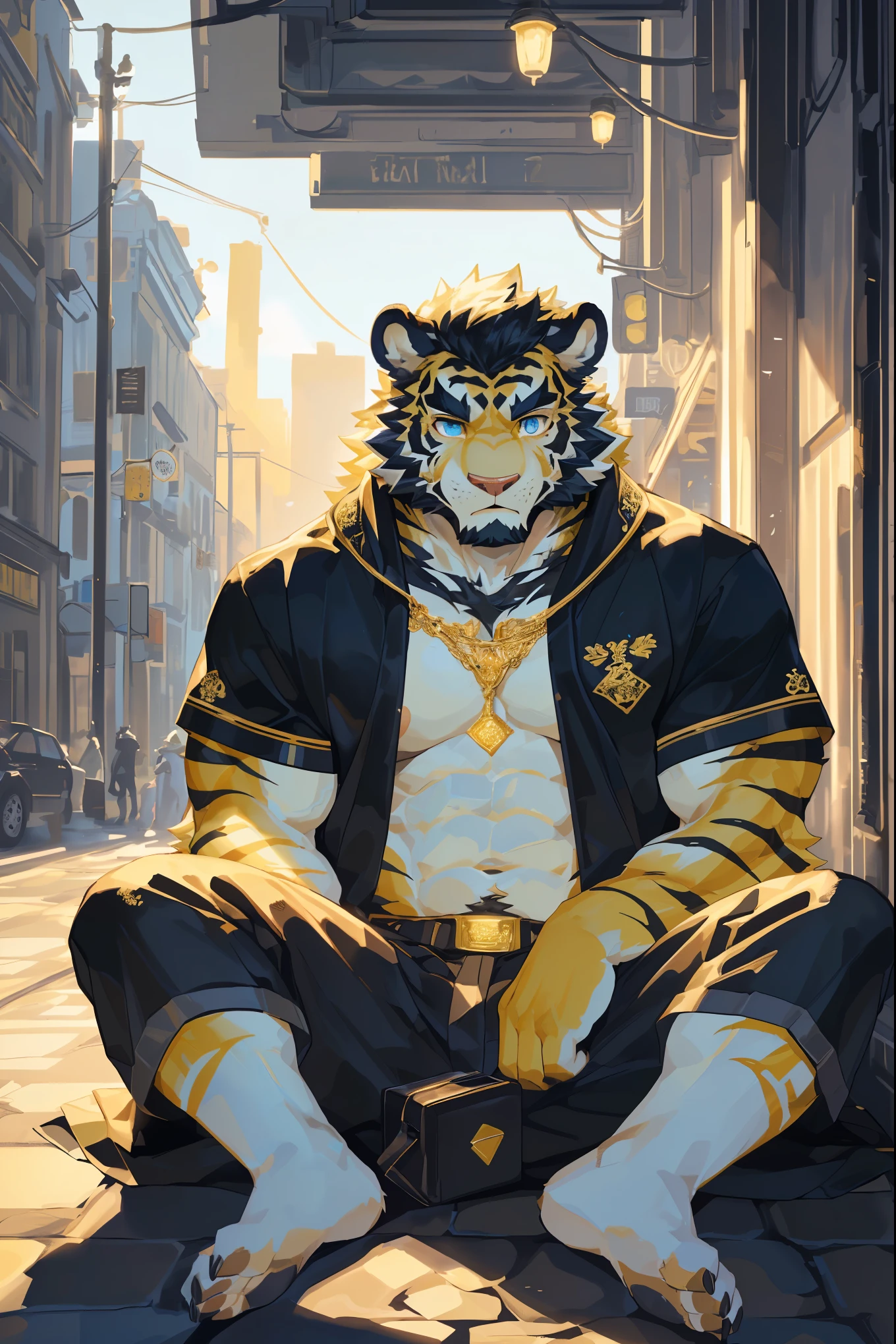 (scarred body:1.5),(Wearing a black robe embroidered with gold patterns:1.5),king,16k high quality detailed art,(Wearing royal accessories:1.3),(Golden Tiger:1.1), (((white and gold fur:1.5))),(two tone),(a pair of eyes of different colors, One eye has golden eyes,The other eye has blue eyes:1.7),(Both eyes are the same size:1.4),(muscular body:1.5),Handsome,(OK),(perfect face),(exhausted:1.1),(golden and white skin:1.3),(full body description:1.3),Publaz, (Golden Tiger:1.1), (((golden and white fur:1.3))),Handsome, (OK),Express,(Modern city lights and feasting background),(scared expression:1.4),(Golden Tiger tail),不同的Express,(perfect masterpiece),(32k),(abdominal muscles:1.3),(((middle aged:1.4))),(36 years old),(golden stripes),alone,(black sideburns:1.2),(black beard:1.3),(black chin:1.3),(golden face pattern:1),(The facial details are very rich:1.3),(Strong),(Sitting on the ground:1.3),Front view,(CG),(Ultra-clear:1 4),(black hair),Clothes are messy,(bust),(detailed background:1.5),daytime,people coming and going,(Super high resolution)