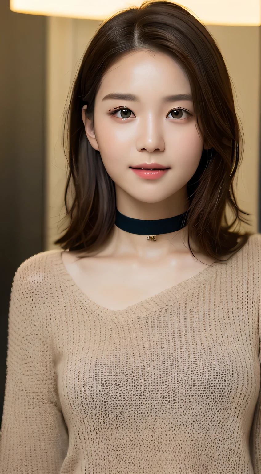 ((during the day, realistic lighting, best best quality, 8K, master masterpiece:1.3)), 1 girl, Beautiful woman with slim figure:1.4, (brown hair,), black long sweater:1.1,super detailed face,delicate eyes,double eyelid,smile,choker