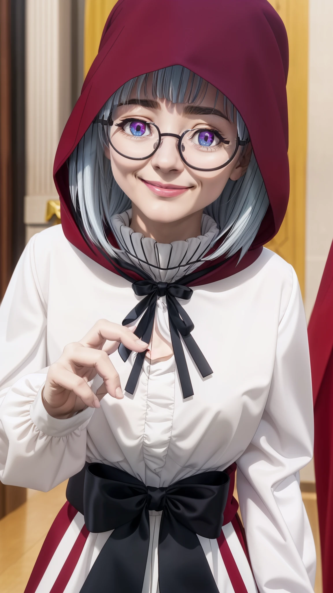 masterpiece, best quality, AltSiaV4, 1girl, solo, looking at viewer, smile, shirt, long sleeves, ribbon, closed mouth, white shirt, upper body, glasses, hood, black ribbon, neck ribbon, semi-rimless eyewear, cloak, hood up, black-framed eyewear, under-rim eyewear, 