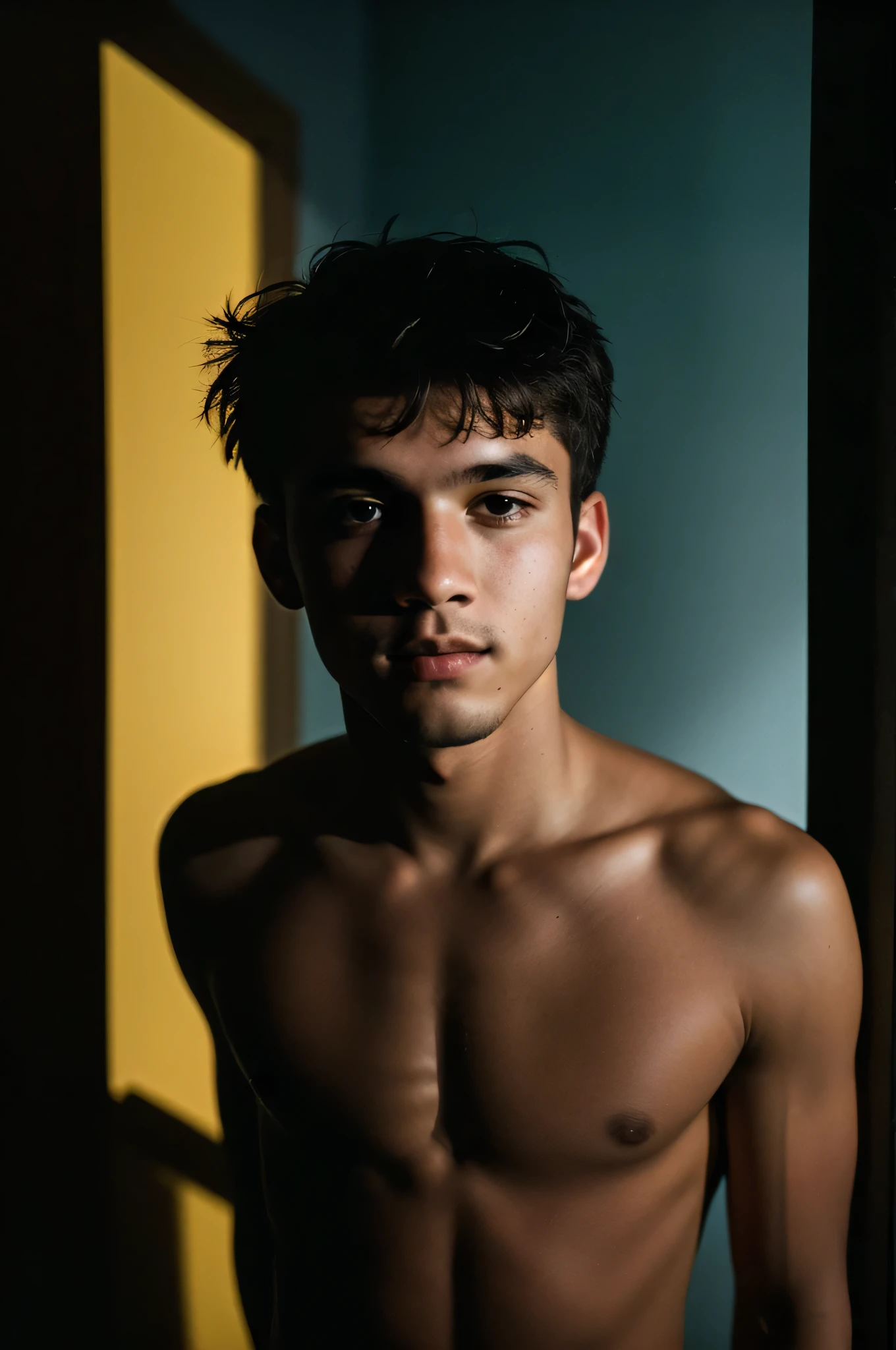 (Editorial photo of a -yeld bohirtless), (highly detailed face:1.4) (smile:0.7) (background inside dark, moody, private study:1.3) ass pov, Stage Director: by Lee Jeffries, Nikon D850 |, Film Stock Photography ,4 Kodak Portra 400 ,camera f1.6 lenses ,saturated colors ,hyper realistic ,lifelike texture, dramatic lighting , Cinestill 800,