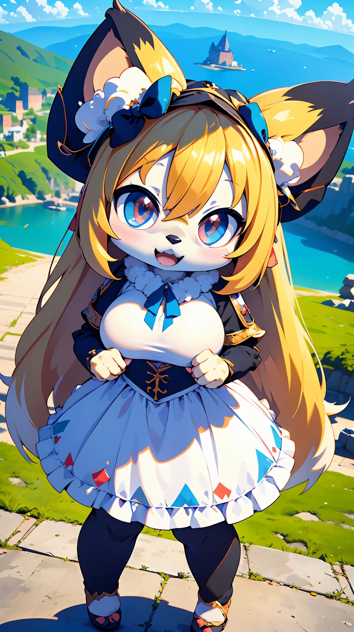 ((furry ear:1.3)),((chibi:2.5)),(White dress with frills:1.5),((very large bust size:1.9)),(fluffy tail:1.5),(Skirt unfolds:1.5),(pop art:1.8),(Chubby:1.5),((looking at the camera:1.5)),(furry foot:1.5),(Sparkling deep blue big eyes:1.7),(Round eyebrows:1.5),(Fisheye lens:1.5),(open your mouth and laugh:1.5),((on a hill overlooking the lake:1.5)),(wolf tail),((long hair:1.7)),furry,(a large black ribbon:1.5),(luxury medieval fantasy costume:1.5),(highest quality,4k,8K,High resolution,masterpiece:1.2), Super detailed, (realistic,realistic,realistic:1.37), HDR, UHD, studio lightning, ultra-fine goodinting, sharp focus, Physically based rendering, extrine detail description, Professional, Bright colors, Bokeh, (in) you bring, landscape, photograph, concept artist (Style), (with) vibrant color goodlette, (good) soft lighting. jewelry