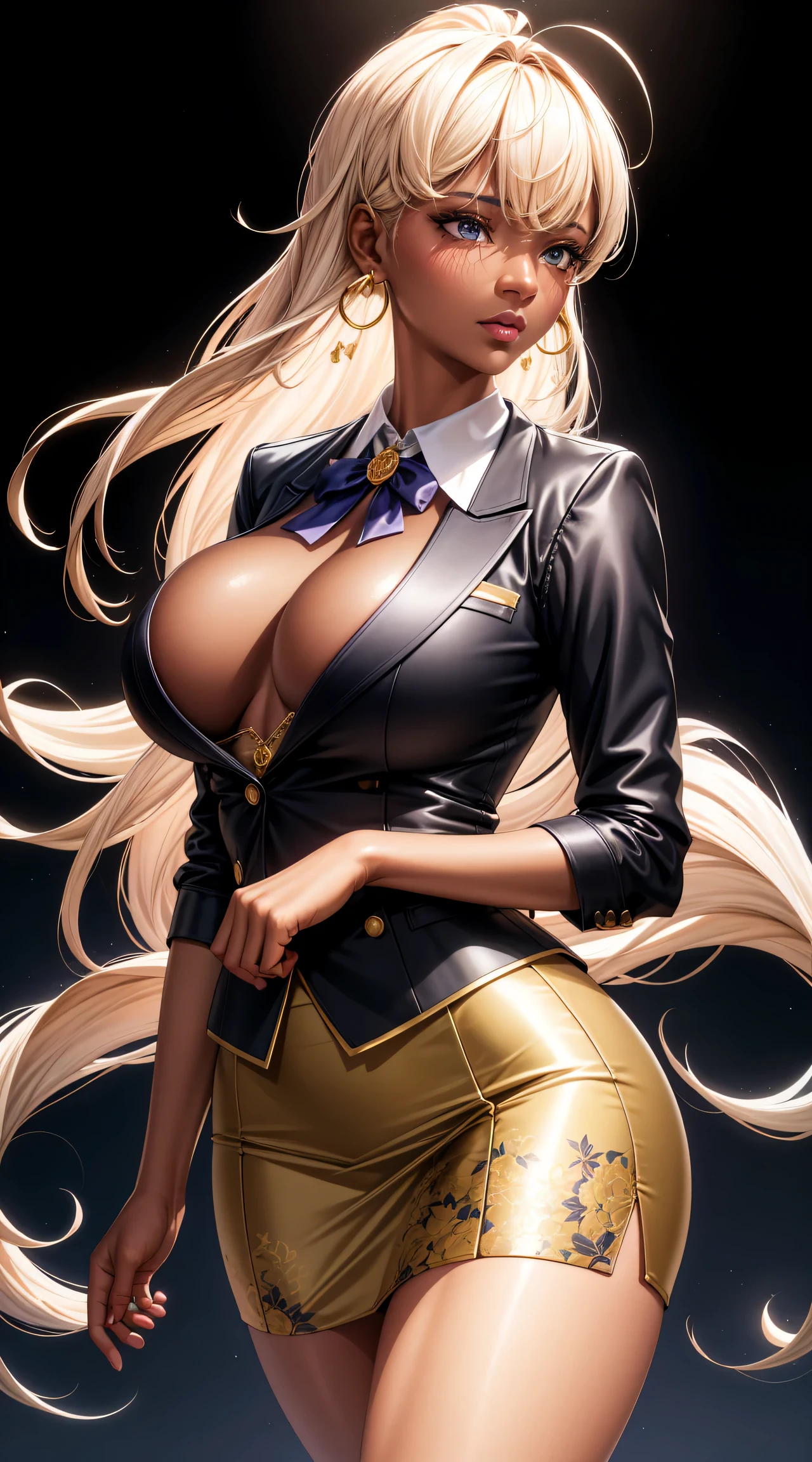 (best quality:1.5, highres, UHD, 4K, detailed lighting, shaders), gold floral haired, gradient hair, extra large breasts, suit, gray shirt, social shirt, short skirt, big thighs, big butt, mature woman , (pov), white background, colorful eyeshadow, dramatic lighting, sparkling eyes, sensual expression, golden earrings, flowing hair, delicate facial features, dark skin, high cheekbones, urban setting, black background, dont look for the camera, lean forward, behind the camera