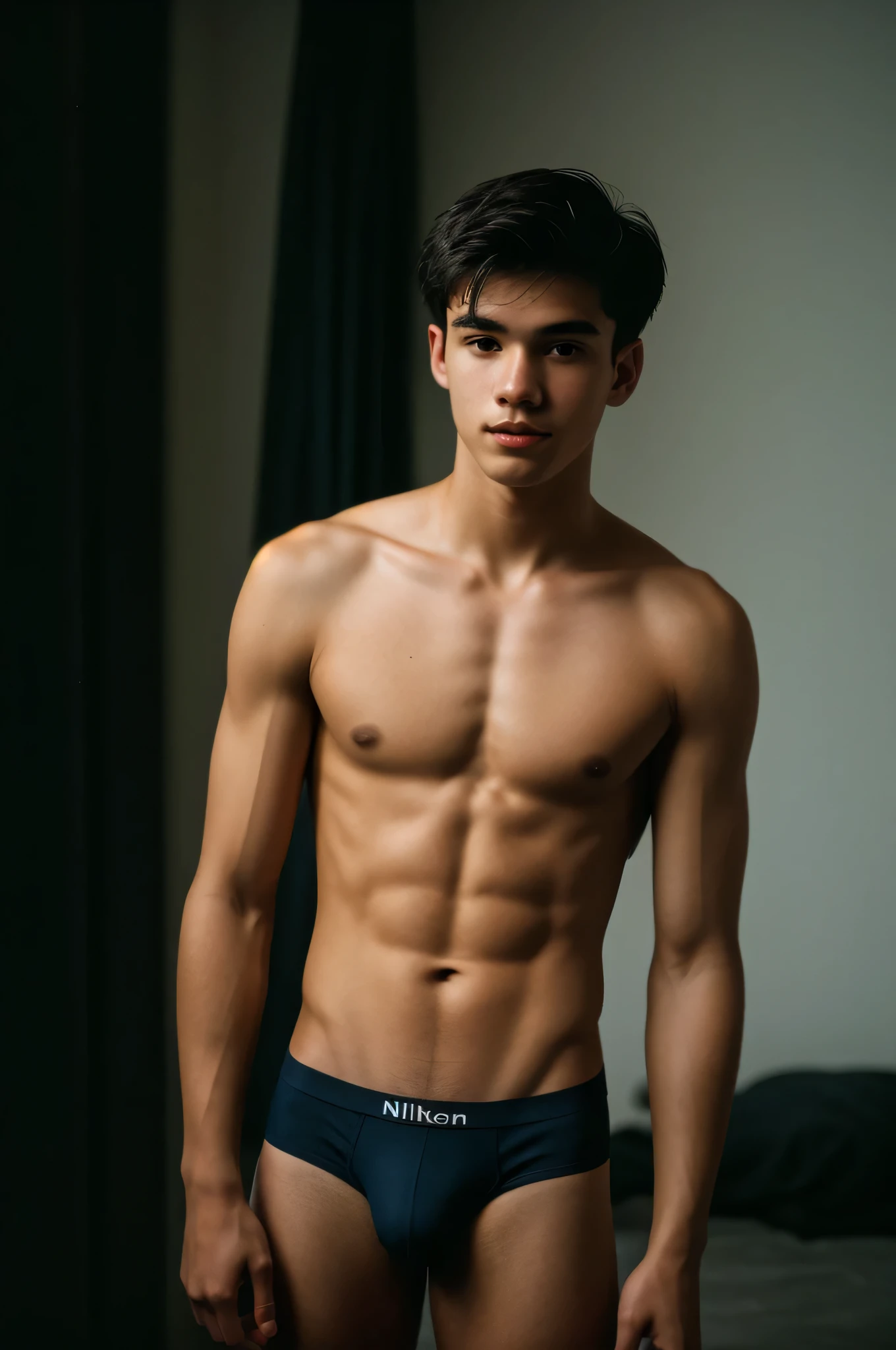 (photo of a 18-year-old boy wearing only underwear), (highly detailed face:1.4) (smile:0.7), slim body build, slender body, cute boyish face, (background inside dark, moody, private study:1.3), Nikon D850 |, Film Stock Photography ,4 Kodak Portra 400 ,camera f1.6 lenses ,saturated colors ,hyper realistic ,lifelike texture, dramatic lighting , Cinestill 800,