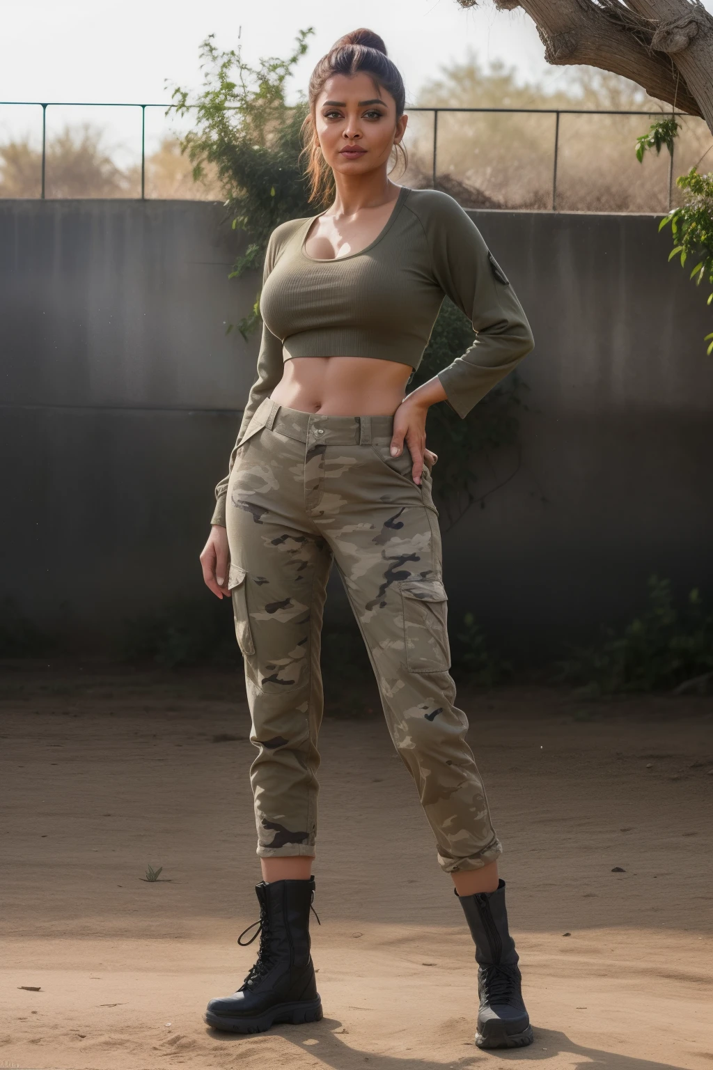 Bright sunny day scene, full body of SEXIEST 45YO MILF AISHWARYA RAI, army commando lady, sweat on body, sweaty cleavage, MEDIUM breasts, mature milf thick curvy figure, posing in desert, camouflage pants and boots and crop top, wet tied hair, seductive face, look at camera and winking, black ponytail hair, erotic adult face, 45yo, soft volumetric lights, (backlit:1.3), intricate details, (ArtStation:1.2)