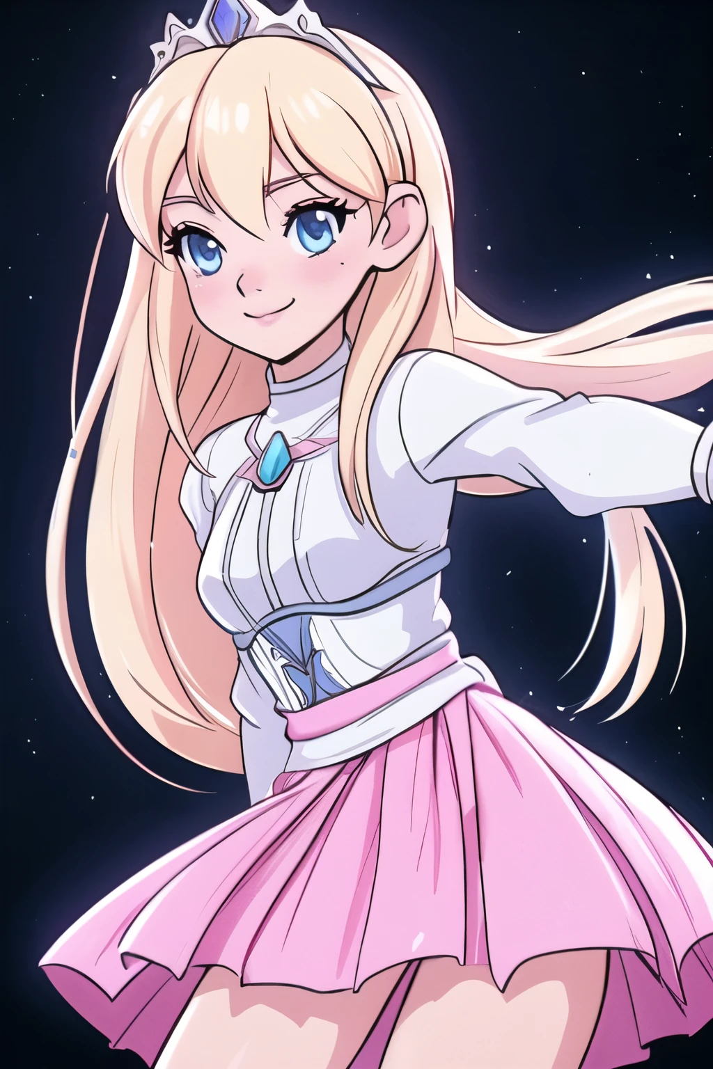 close up 1girl in, teenager, Solo, Aesthetic artwork, blond, straight blonde hair, super long blonde hair, light blue eyes, some small freckles, pale skin, A-cup, small breasts, runners body, (thin hips, thin waist: 1.25), detailed skin, shy smile, (action shot dancing: 1.25), wearing pink corset, pink skirt, tiara, 50mm, 4k textures, soft cinematic light, RAW intricate, elegant, highly detailed, sharp focus, ((((cinematic look)))), soothing tones, insane details, intricate details, hyperdetailed, low contrast, soft cinematic light, dim colors, exposure blend, hdr, faded