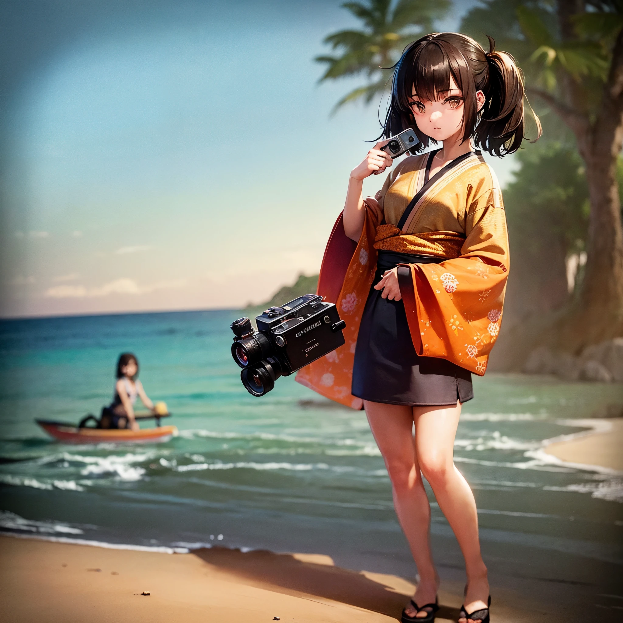 calidad superior, obra maestra, High Definition, 1 chica, Rostro hermoso y perfecto, corte bob, ropa japonesa,Kimono, Detalles intrincados, Cinematic feel, 8K, Muy detallado (Monsters SA style movie cover), ((1joven, fotografo, cabellos largos, con puntas rubias, Brown eyes), extroverted expression, With a camera in hand,surfeando sobre las olas