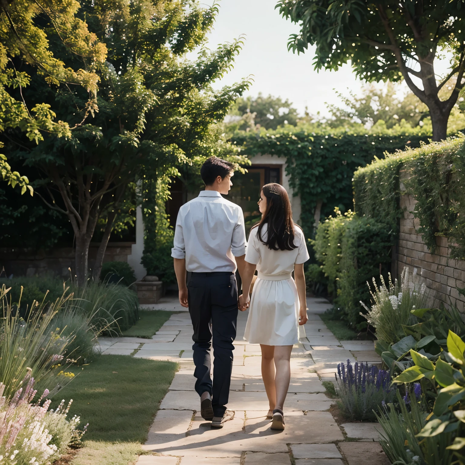a man and woman are holding hands and walking through a park, ducks, pond