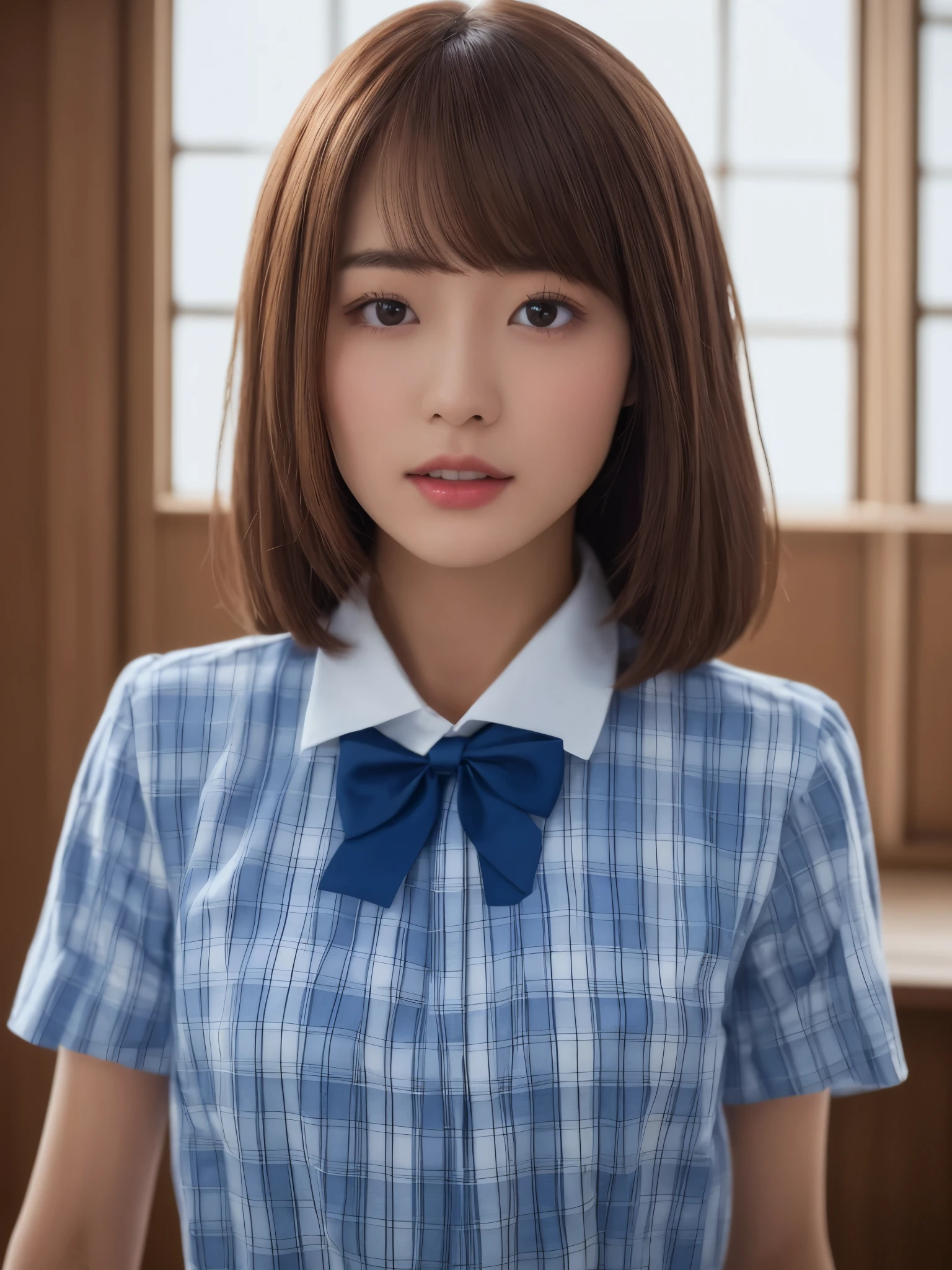 masterpiece、close up of face、front-facing view、a Japanese young pretty woman、(Bouncing cheerfully)、Gorgeous figure、Wearing a short-sleeved white collared shirt and a shiny red satin plain bow tie、Wearing a blue tartan plaid skirt、absolutely pretty face、shiny lip、Double eyelids in both eyes、Natural makeup、 long eyeslashes、shiny smooth light brown hair of medium length,、asymmetrical bangs、skin tanned、Alone in the classroom、、Headframe、image in center、8K resolution、high detal、detailed hairstyle、A detailed face、spectacular movie lighting、octane renderings、with a vibrant、Ultra-realistic、Perfect limbs、perfect anatomia、short-hair、full body Esbian