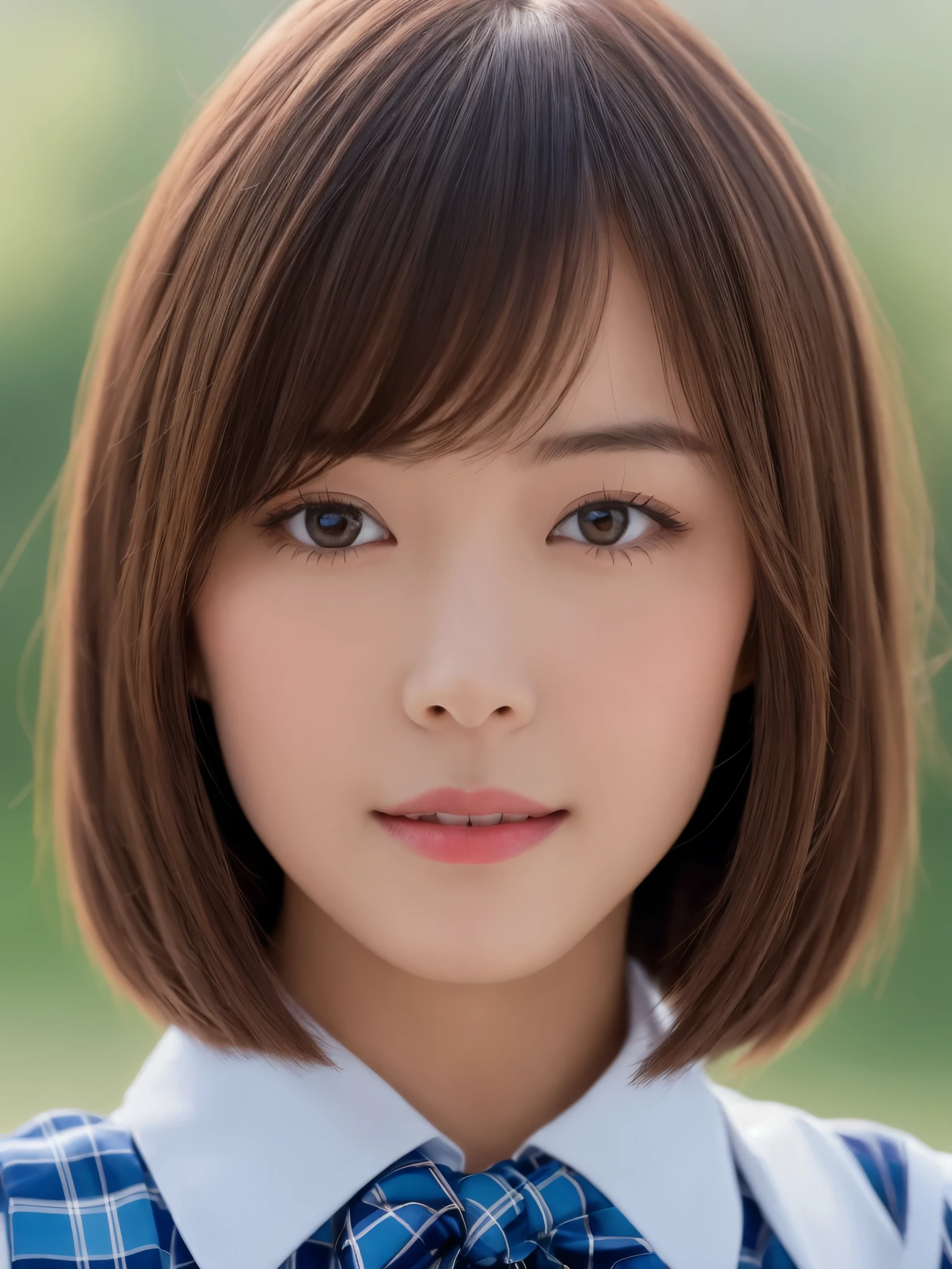 masterpiece、close up of face、front-facing view、a Japanese young pretty woman、(Bouncing cheerfully)、Gorgeous figure、Wearing a short-sleeved white collared shirt and a shiny red satin plain bow tie、Wearing a blue tartan plaid skirt、absolutely pretty face、shiny lip、Double eyelids in both eyes、Natural makeup、 long eyeslashes、shiny smooth light brown hair of medium length,、asymmetrical bangs、skin tanned、Alone in the classroom、、Headframe、image in center、8K resolution、high detal、detailed hairstyle、A detailed face、spectacular movie lighting、octane renderings、with a vibrant、Ultra-realistic、Perfect limbs、perfect anatomia、short-hair、full body Esbian