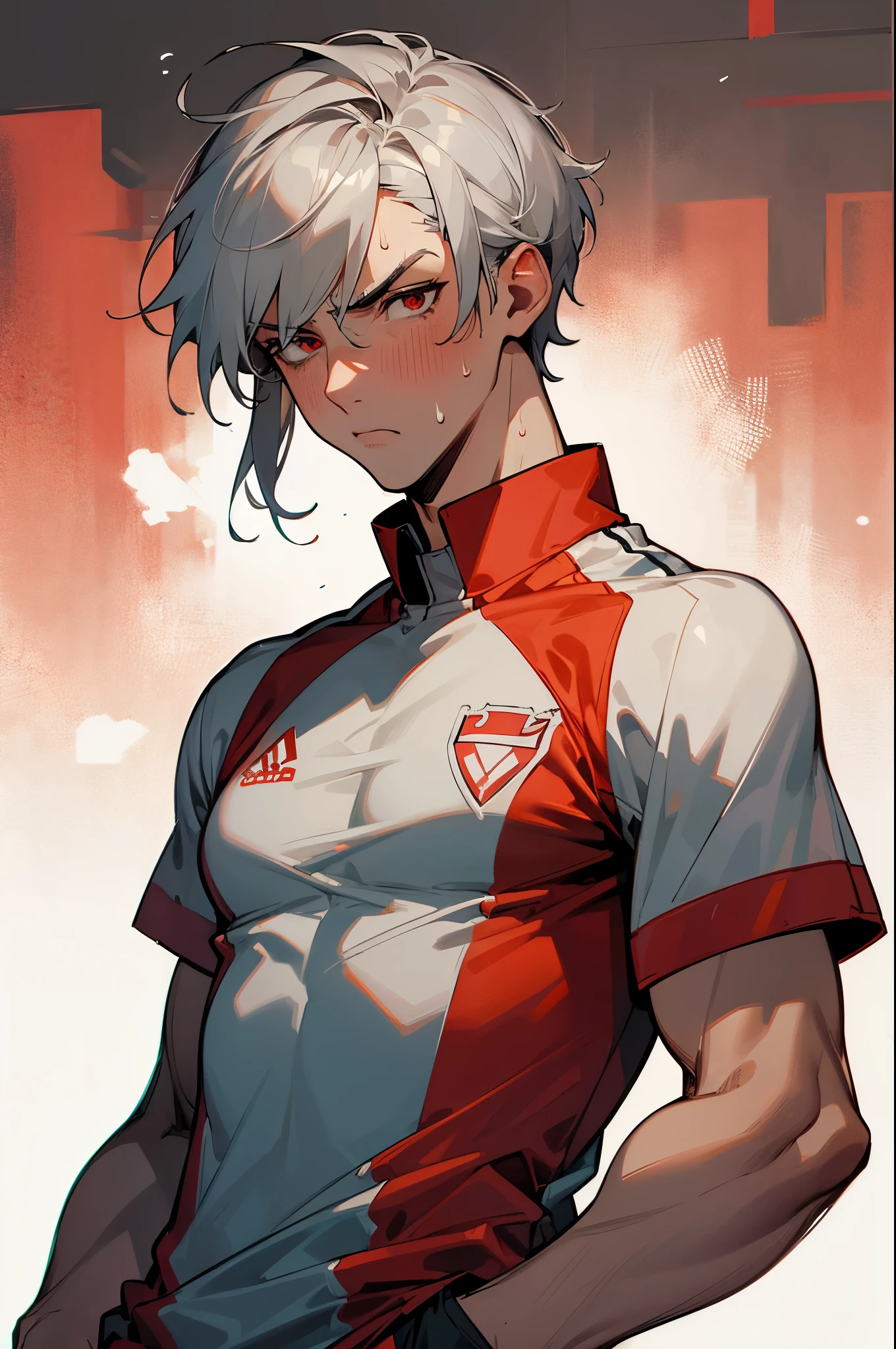 masterpiece, best quality, highres, 1man, short hair, medium breasts, grey hair, red eyes, hands in pockets, sweating, heavy breathing, angry, muscular, soccer jersey