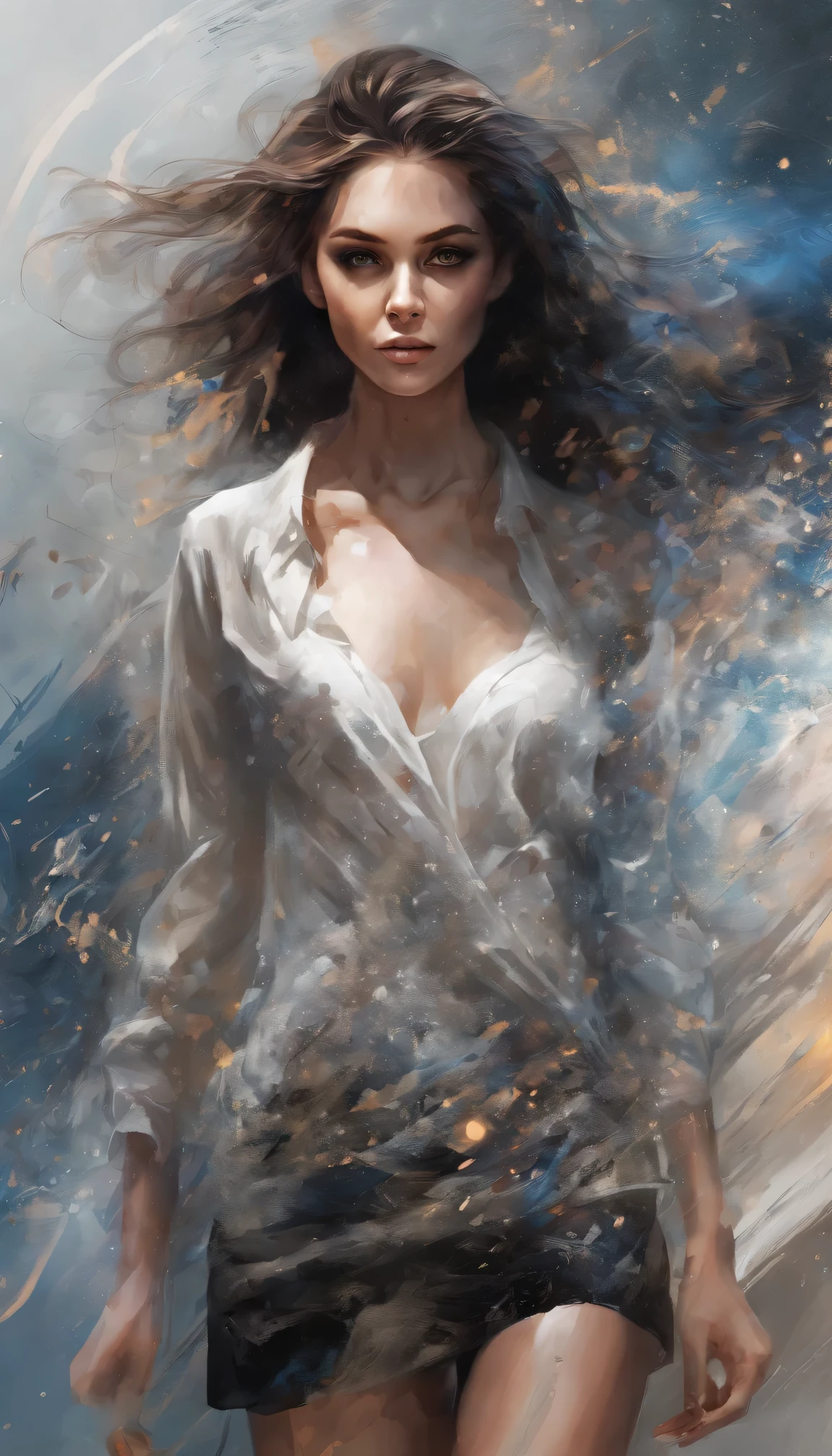Perfect centralization, Fantastic Particles, rapture, Standing position, abstract beauty, Downtown, looking at the camera, facing the camera, On the way to perfection, dynamic, higly detailed, Smooth, Sharp focus, 8K, hight resolution, illustartion, art by Carne Griffiths and Wadim Kashin, Background with crisp strokes, Background with fragment color, vivid tones, Ink Nebula Background, 17-year-old girl with sexy appearance, Honey-colored eyes, Brunette hair color, Long & Beautiful, Fantastic Short Black Skirt, Athletic Body Shape, extreme hight detail,Scattered particles