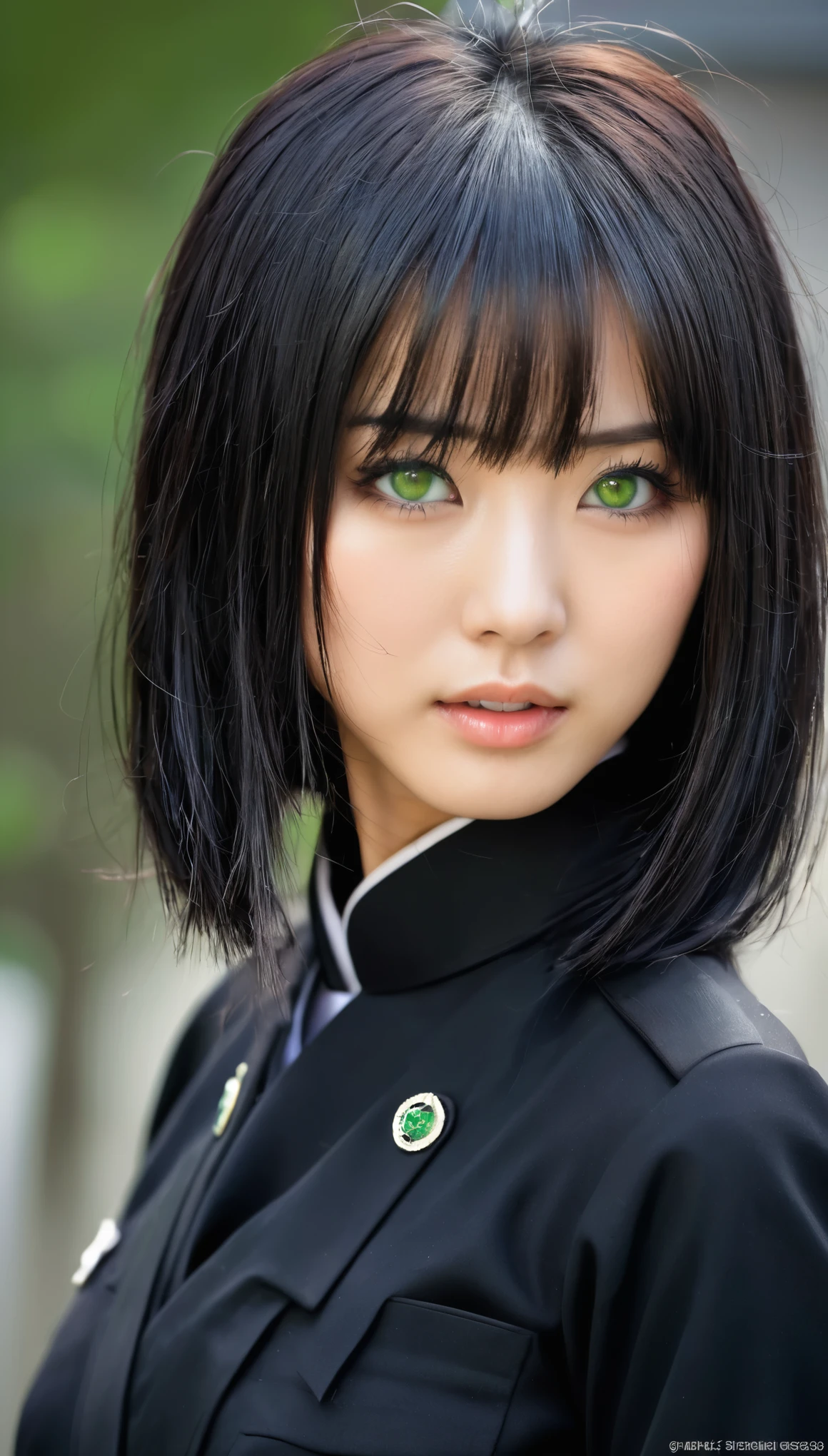 High Resolution, 1 girl, japaner, gesicht wie toko miura, kurze haare, schwarze haare, schwarze uniform, gerade stehend, schlank, Green eyes, haut, poren, hole body