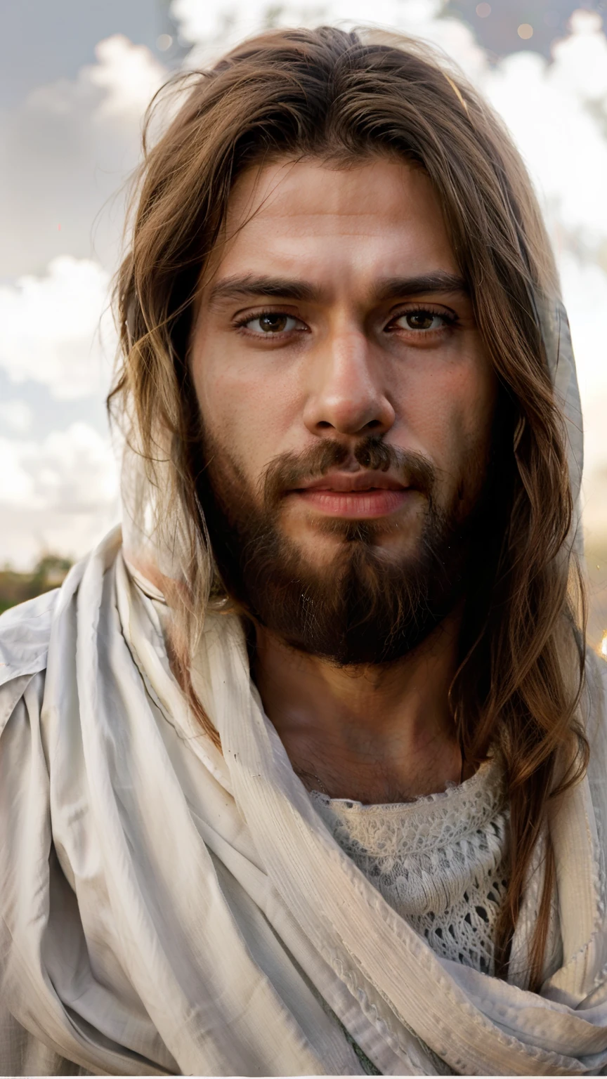 Jesus with a beard and white shawl standing in a field at night with a starry sky, portrait of Jesus Cristo, Jesus Cristo, Jesus of Nazareth, Rosto de Jesus, Jesus, dressed as Jesus Cristo, Greg Olsen, o senhor e salvador, lindo impressionante realista, pintado digitalmente, homem bonito, he is greeting you warmly, homem bonito, maravilhoso, Jovem Deus Todo-Poderoso,  de arte