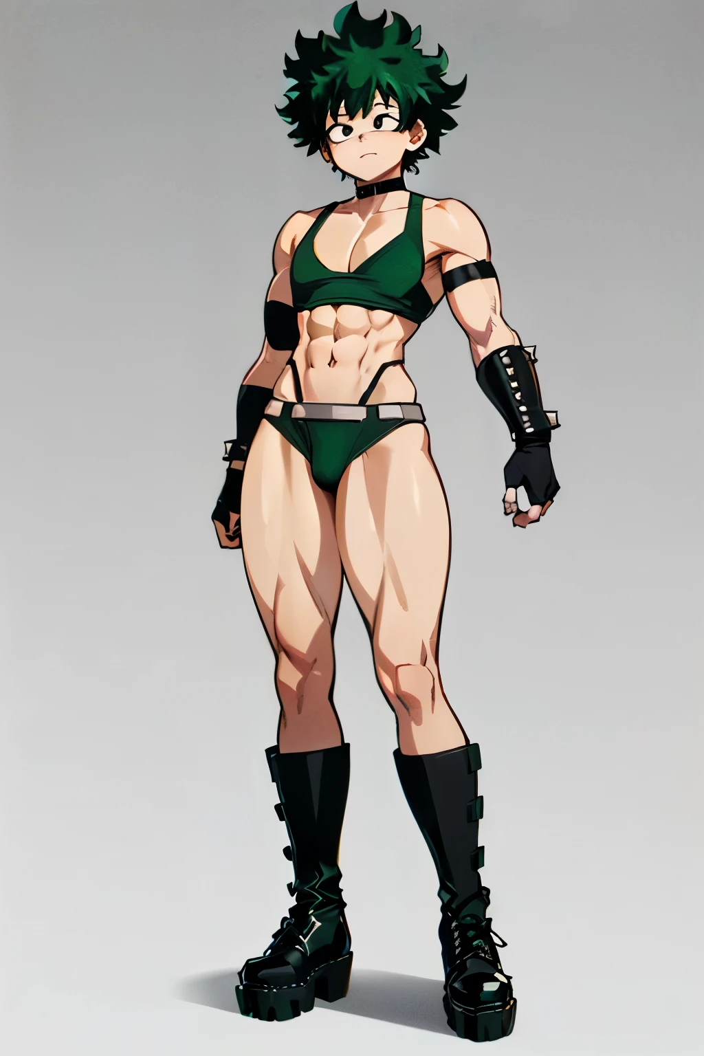 ((((My Hero Academia Style)))), (((Izuku Midoriya))), (((genderbender))), 1Girl, Goth Woman, ((pale skin)), black lipstick, ((((long straight black green hair with bangs))), choker with spikes, black clothes, big breasts, thin waist, wide hips, attractive face, (((big black platform combat boots))), ((((black Chaps with exposed crotch)))), (((green thong))), (((exposed crotch with thong))), (((green tube top))), ((exposed collarbone)), ((exposed shoulders)), abs, ((slightly marked musculature)), ((Bracers studded with spikes)), ((Black fingerless gloves)), ((exposed belly)), ((((full body photo:1.5)))), ((green bikini)),
