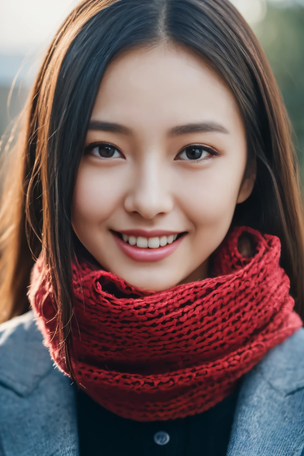 ((show only the face、close up of face、No makeup))、(realistic、Photoreal、super detailed、best detailed skins、highest quality、masterpiece、超A high resolution)、cute japanese woman、17 years old、high school girl、young girl、1 girl、have bangs、double eyelid、drooling eyes、big black eyes、Japanese style face、smile、attractive、purity、clear face、double teeth、watch here、realistic skin type、thick muffler、Gray muffler、fluffy hair、((There's hair in the scarf:1.3))、red cheeks、The wind is blowing、illumination、lighting from behind