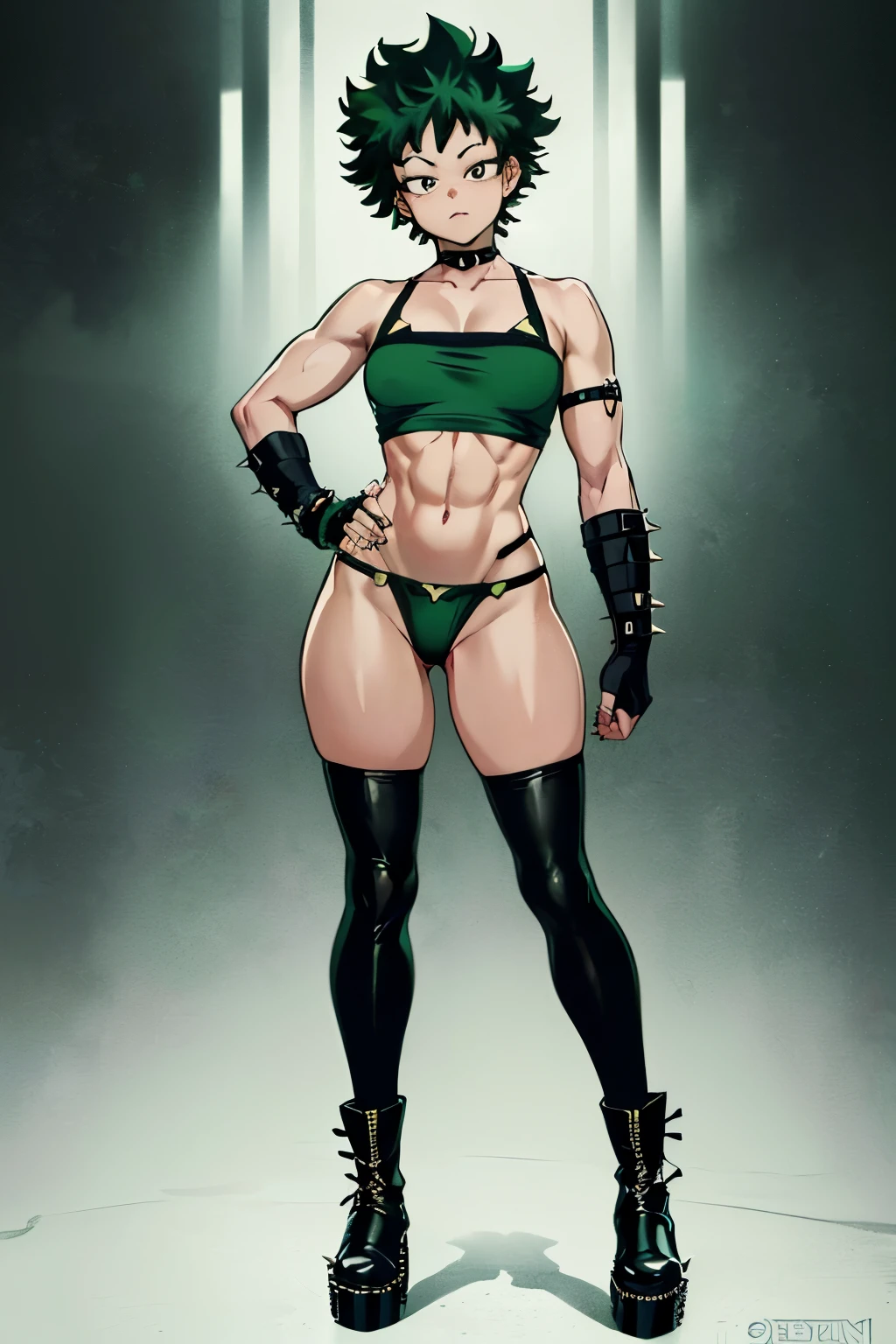 ((((My Hero Academia Style)))), (((Izuku Midoriya))), (((genderbender))), 1Girl, Goth Woman, ((pale skin)), black lipstick, ((((long straight black green hair with bangs))), choker with spikes, black clothes, big breasts, thin waist, wide hips, attractive face, (((big black platform combat boots))), ((((black Chaps with exposed crotch)))), (((green thong))), (((exposed crotch with thong))), (((green tube top))), ((exposed collarbone)), ((exposed shoulders)), abs, ((slightly marked musculature)), ((Bracers studded with spikes)), ((Black fingerless gloves)), ((exposed belly)), ((((full body photo:1.5)))), ((green bikini)),