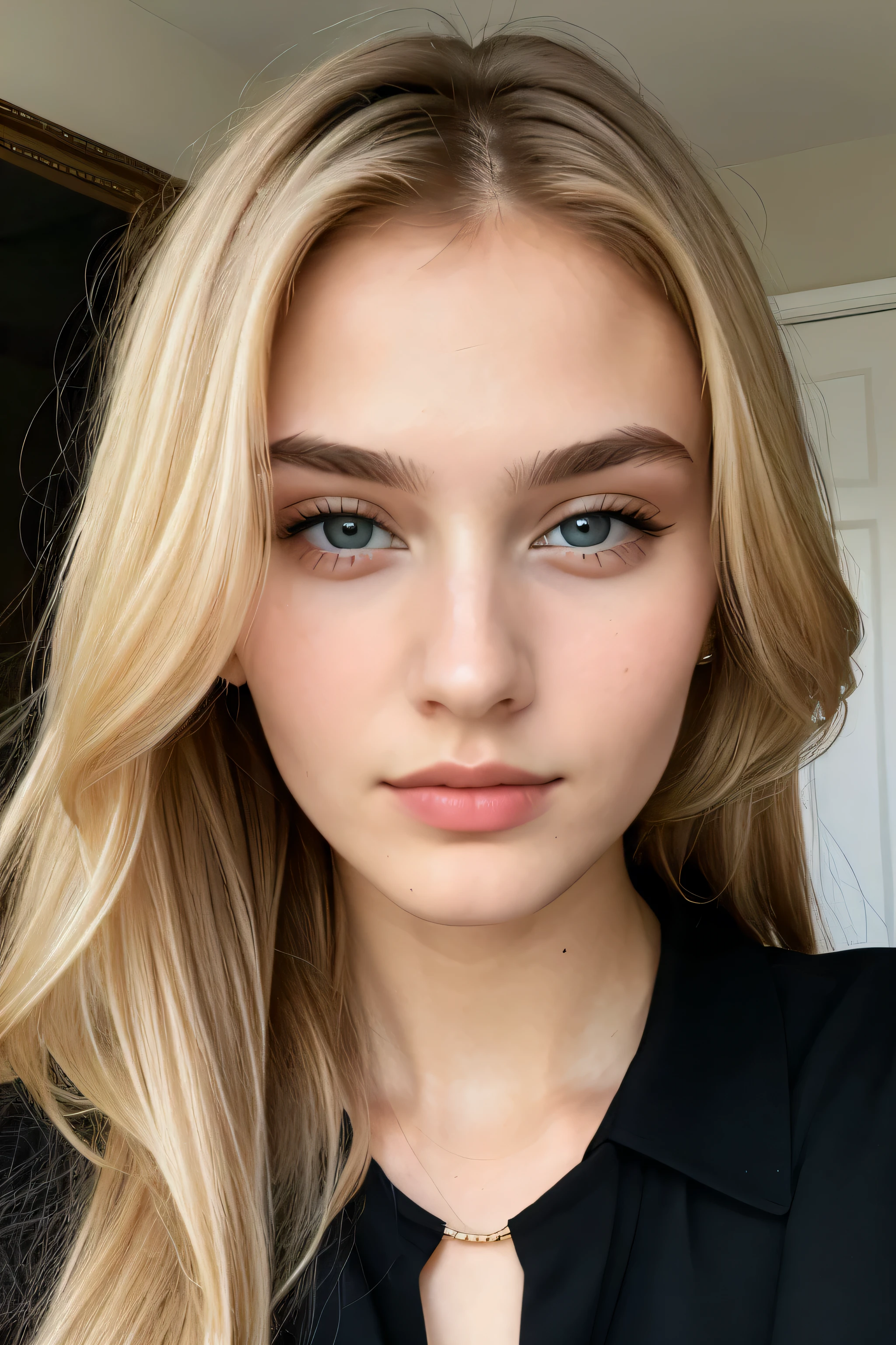 (Best quality)), ((Meisterwerk)), (detailliert), 17 Jahre , perfektes Gesicht, in schwarzer Kleidung, Russian girl, blondes Haar, Wangenknochen, Schmales Gesicht, Modellauftritt
