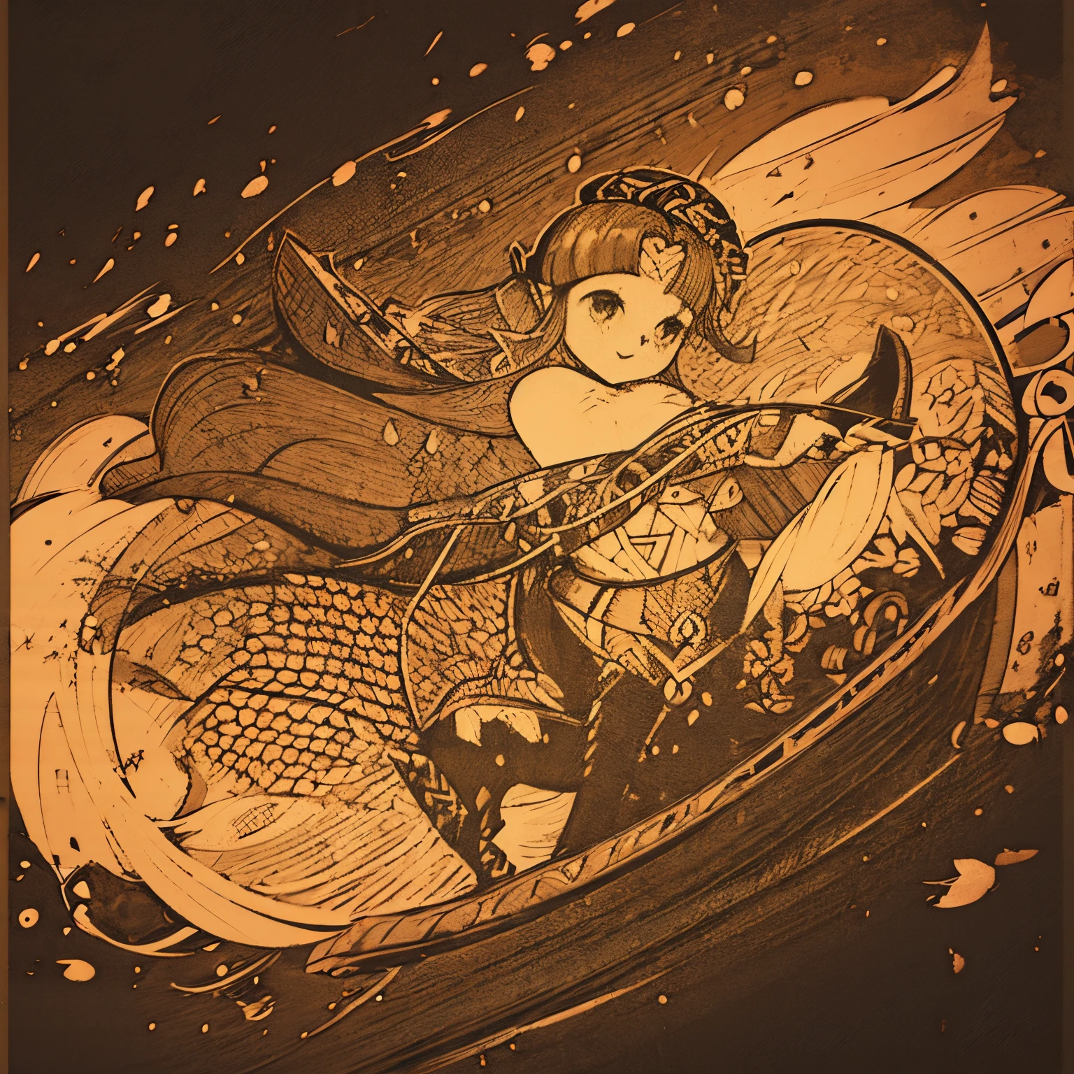 A cat on a boat with a fishing rod from which a fish hangs in Renaissance style