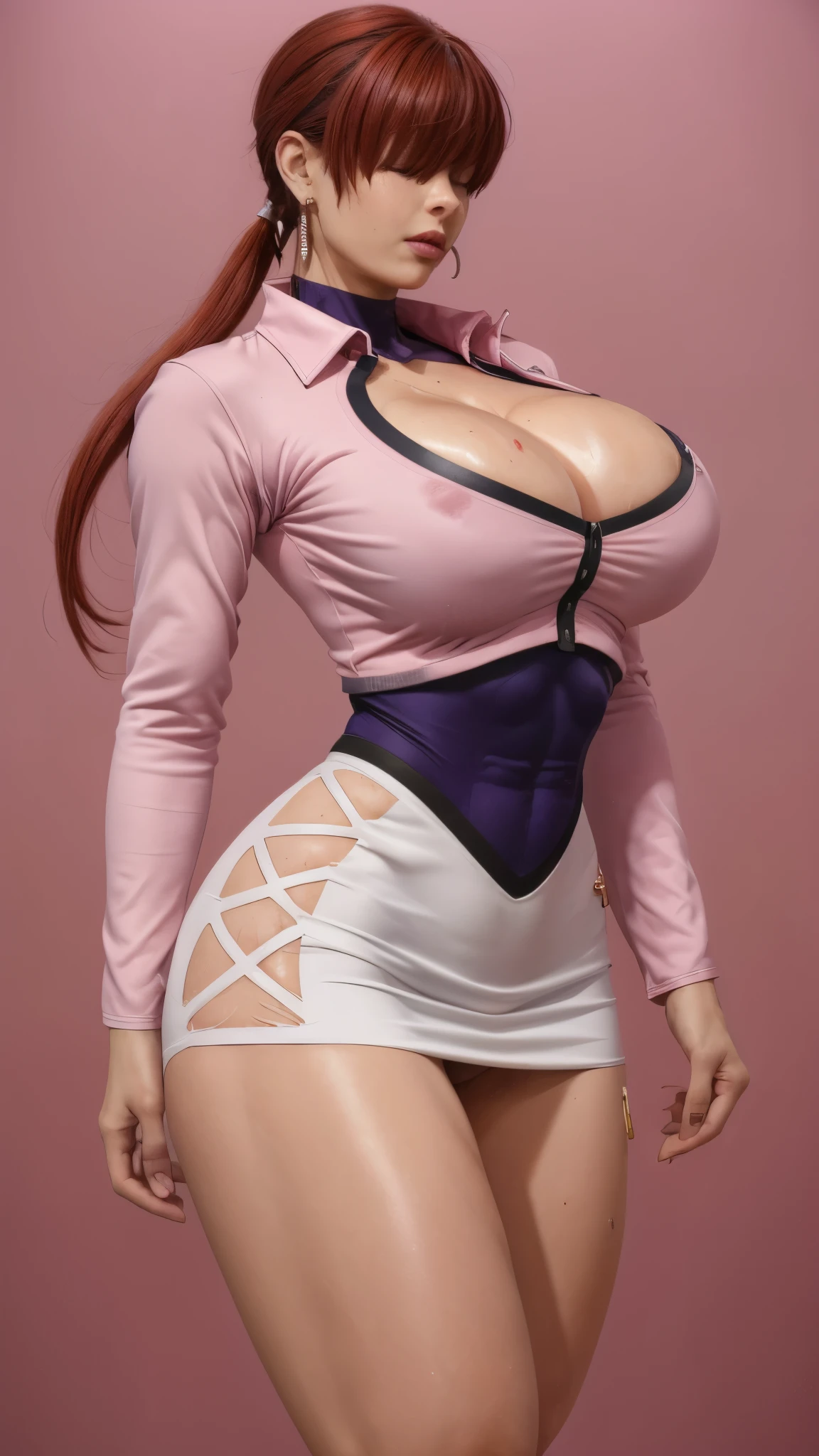 masterpiece, best quality, highres, she1, (hair over eyes:1.1), split ponytail, clothing cutout, earrings, jewelry, miniskirt, white skirt, leotard, pink jacket, long sleeves, cowboy shot, sexy pose, widehips, body,big breasts, hentai, (lipstick:0.8), victory posture, (sweating:1.2), lips,thicc thighs