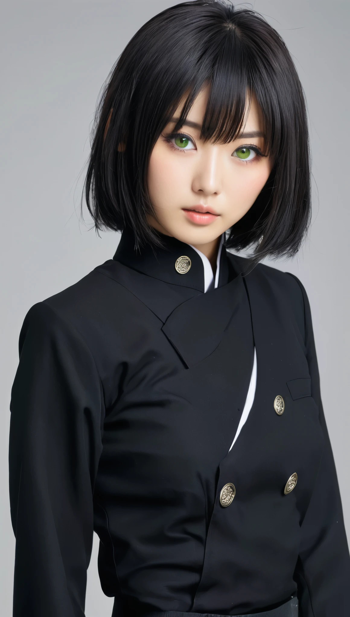 High Resolution, 1 girl, japaner, gesicht wie toko miura, kurze haare, hole body sichtbar, schwarze haare, schwarze uniform, gerade stehend, schlank, Green eyes, haut, poren, hole body, alleine