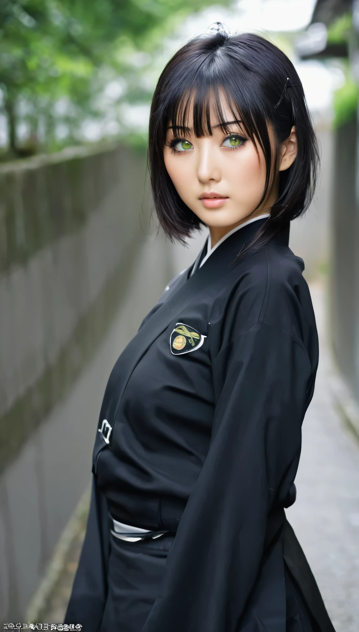 High Resolution, 1 girl, japaner, gesicht wie toko miura, kurze haare, hole body sichtbar, schwarze haare, schwarze uniform, gerade stehend, schlank, Green eyes, haut, poren, hole body, alleine