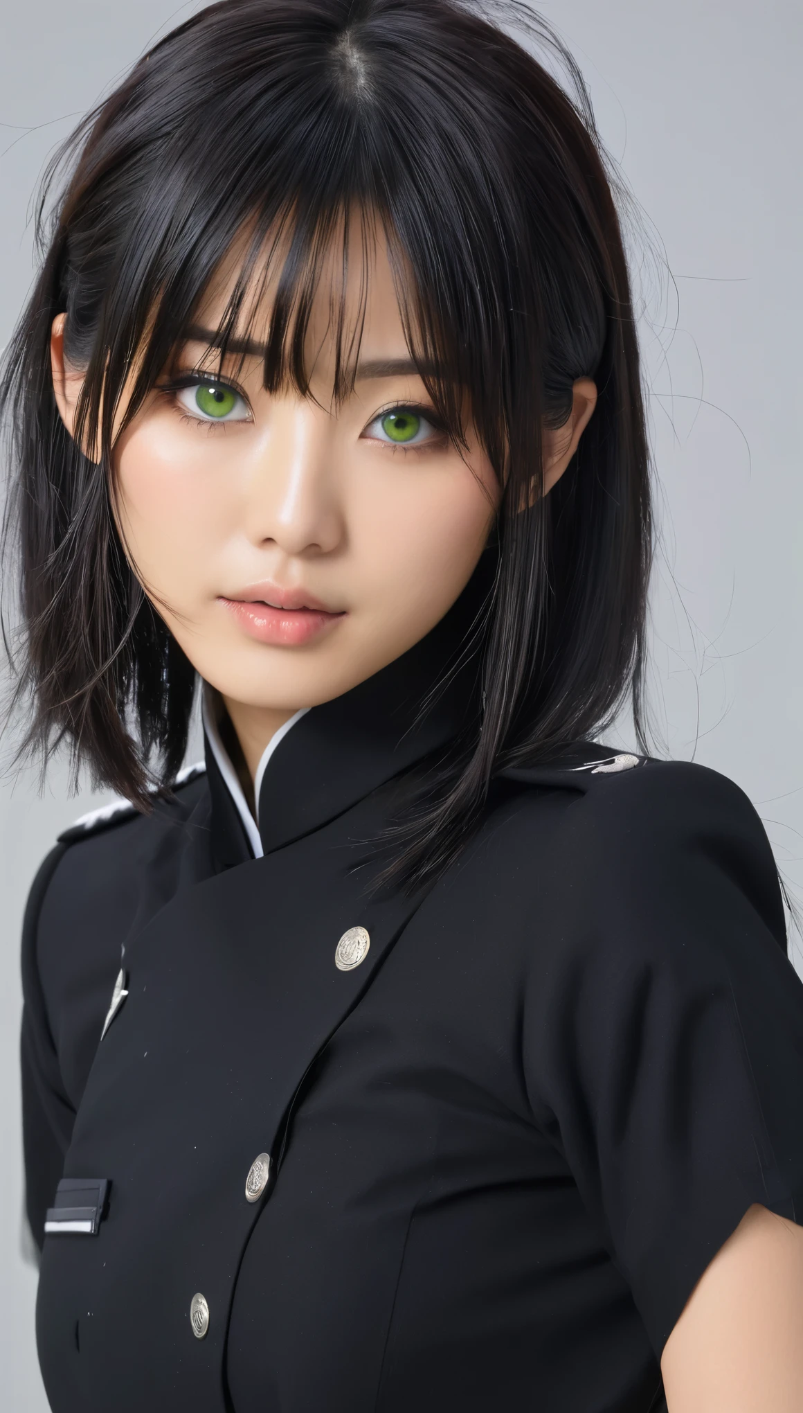 High Resolution, 1 girl, japaner, gesicht wie toko miura, kurze haare, hole body sichtbar, schwarze haare, schwarze uniform, gerade stehend, schlank, Green eyes, haut, poren, hole body, alleine