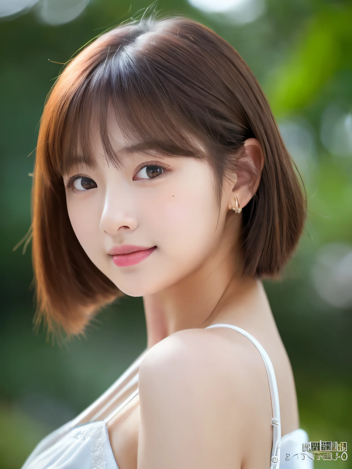 ((cute little日本の女の子、Beautiful japanese girl、1 girl in、age19、poneyTail、Highly detailed facial and skin texture、refinement、hyperdetailed face、ultradetailed eyes、blusher、blush、teak、cheeks painted with pink teak、close-up of woman、bustup、face facing the true frontage、Looking at the camera、frontage、cute little、smooth white skin、Transparent skin texture、))、(dark brown  hair、bangss)、Beautiful Women in Perfect Style：1.4、Japan models、Young gravure idols、Young cute little gravure idol、Realistic Young Gravure Idol、sophisticated gravure idol、((top-quality、in 8K、​masterpiece:1.3))、(4K、RAW Photography、top-quality)、(reallistic、photorealistic:1.37)、Place a person across the screen、natural soft light、upper body and head、refinement、