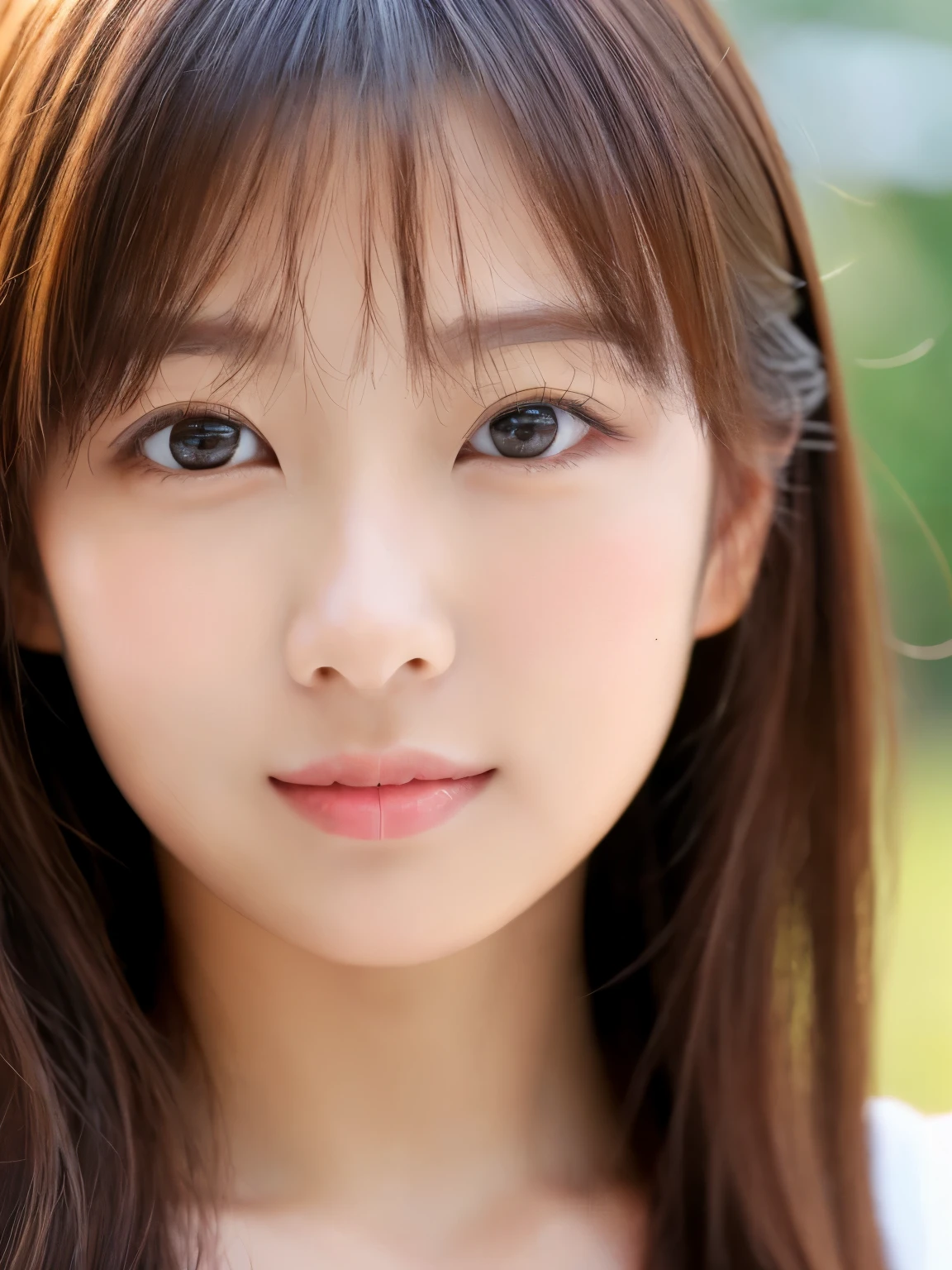 ((cute little日本の女の子、Beautiful japanese girl、1 girl in、age19、poneyTail、Highly detailed facial and skin texture、refinement、hyperdetailed face、ultradetailed eyes、blusher、blush、teak、cheeks painted with pink teak、close-up of woman、bustup、face facing the true frontage、Looking at the camera、frontage、cute little、smooth white skin、Transparent skin texture、))、(dark brown hair、bangss)、Beautiful Women in Perfect Style:1.4、Japan models、Young gravure idols、Young cute little gravure idol、Realistic Young Gravure Idol、sophisticated gravure idol、((top-quality、in 8K、masterpiece:1.3))、(4K、RAW Photography、top-quality)、(reallistic、photorealistic:1.37)、Place a person across the screen、natural soft light、upper body and head、refinement、