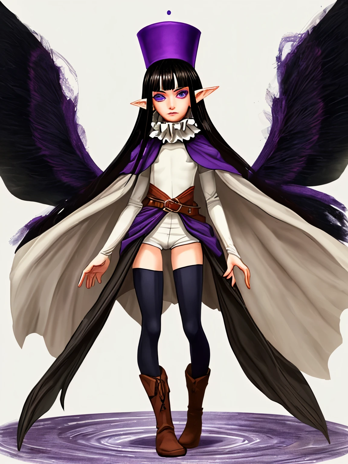 A full-length Elf girl on a white background, she looks 19 years old. She has a square, black hair, Beige skin, and long pointed elf ears. She has a long cloak, black in color, which looks like wings from behind. Tight shorts and striped tights. All the clothes are artistic, clownish for the Middle Ages. She has purple eyes and a purple top hat on her head. The chest is flat. She stands straight, looks straight. Stands straight to the screen, without different poses. She's a teenager, look at the viewer, fantasy culture, fantasy, best quality, boots, anime 