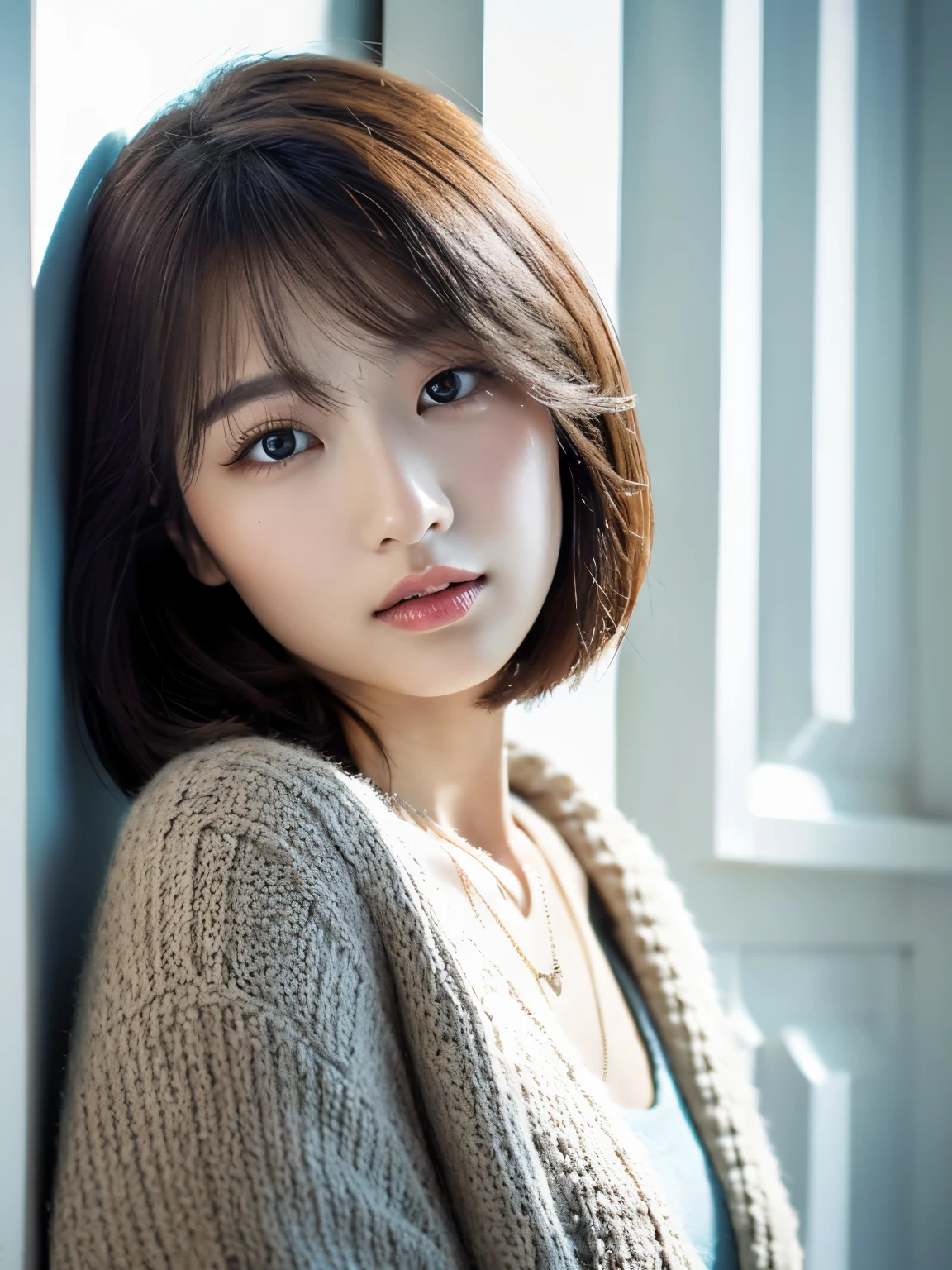 white wall、Taken in front of the white door、(white wall room with window)、shot in natural light、Highly detailed face and skin texture、highly detailed lips、correct state of the human body、Super high resolution、(Photoreal:1.4)、top quality, 1 beautiful woman, 28 years old, s, 100mm lens、Light Blue Knit、(Dark brown medium shorthair)、Japanese woman with bob、(dark brown hair)、Versatile poses、looking at the camera、natural color lip、Winter clothes、 necklace