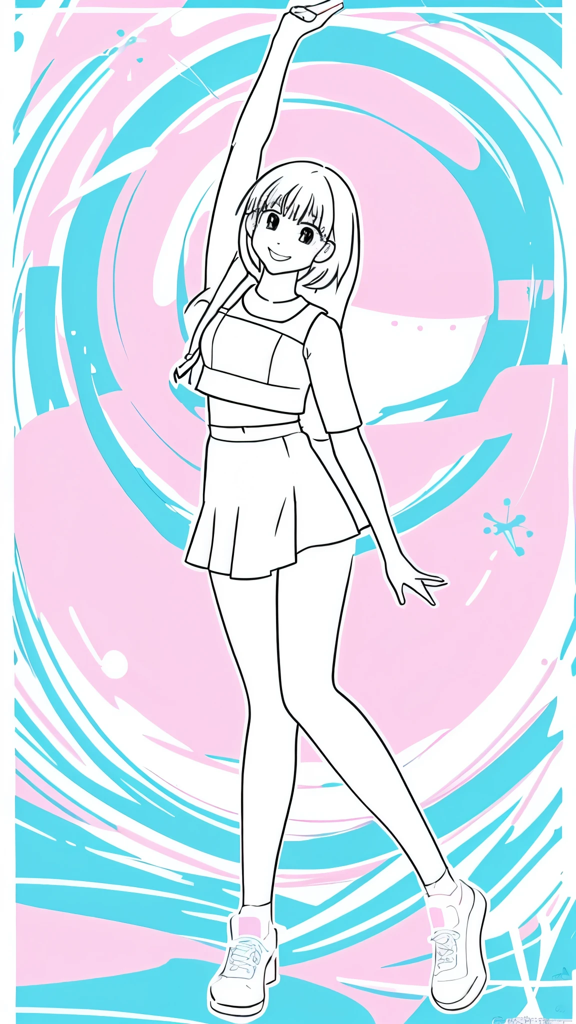 anime, kawaii, Cute, simple flat pattern with thick outline, white girl comes out of a huge ipad tablet, looks forward with a wide smile, winks and raises his hand up in a dynamic pose and draws splashes of paint above himself. pastel colors.
