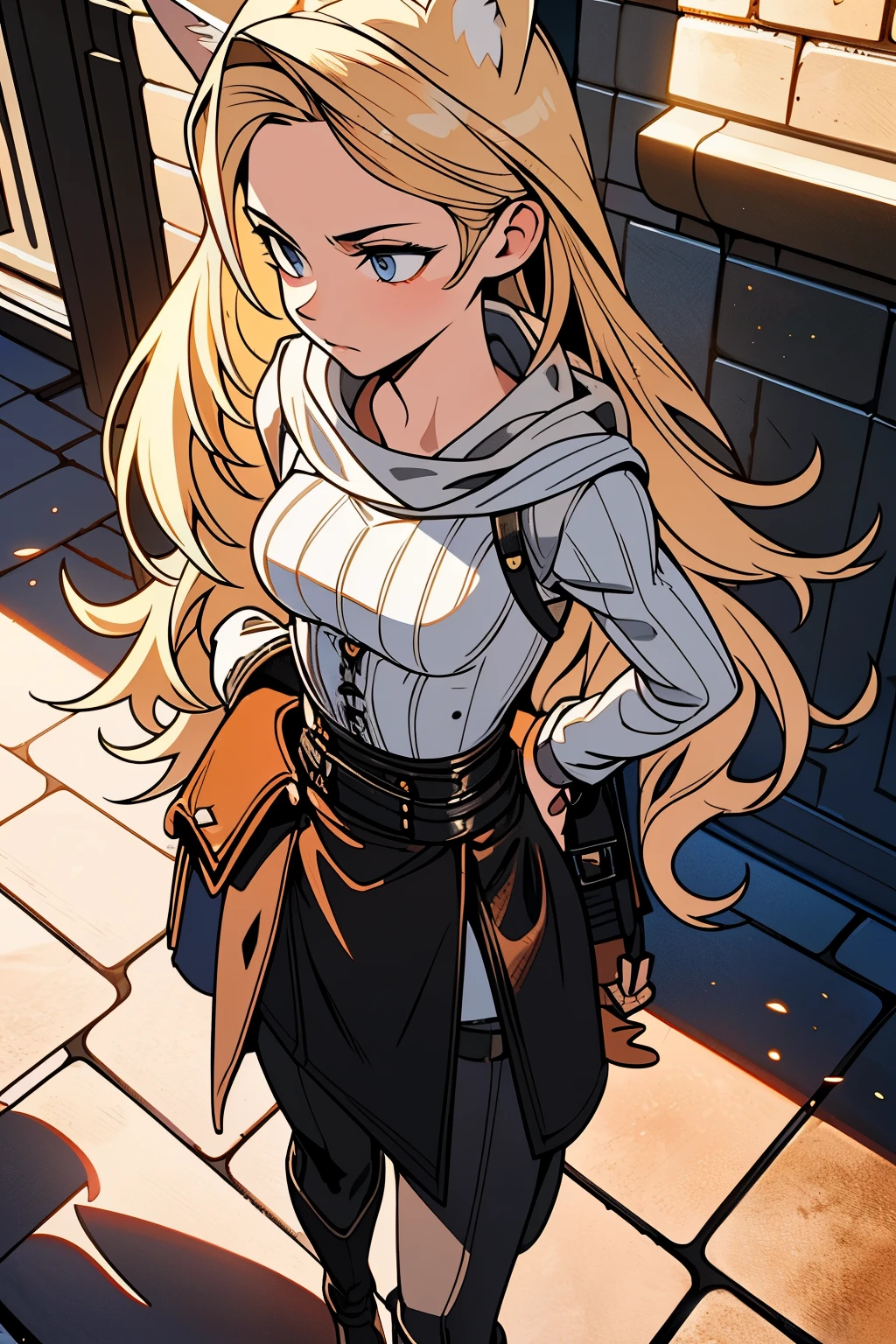 Beautiful 1girl, full body, ager, solo, (very long waist length blonde hair, straight blonde hair: 1.28), ((light blue eyes)), clear skin, (large darker fox ears: 1.35), pale skin, medium breasts, cleavage, (thin hips, thin waist , athletic body: 1.25), background, looking away, (revealing clothes, brown leather, cowl, cloak, corset, skirt, long boots, buckles, straps, pouches, fabric, brown leather: 1.1), walking through a courtyard, masterpiece, best quality,3d rending work ,3DMM style, close-up, portrait, 3D,
