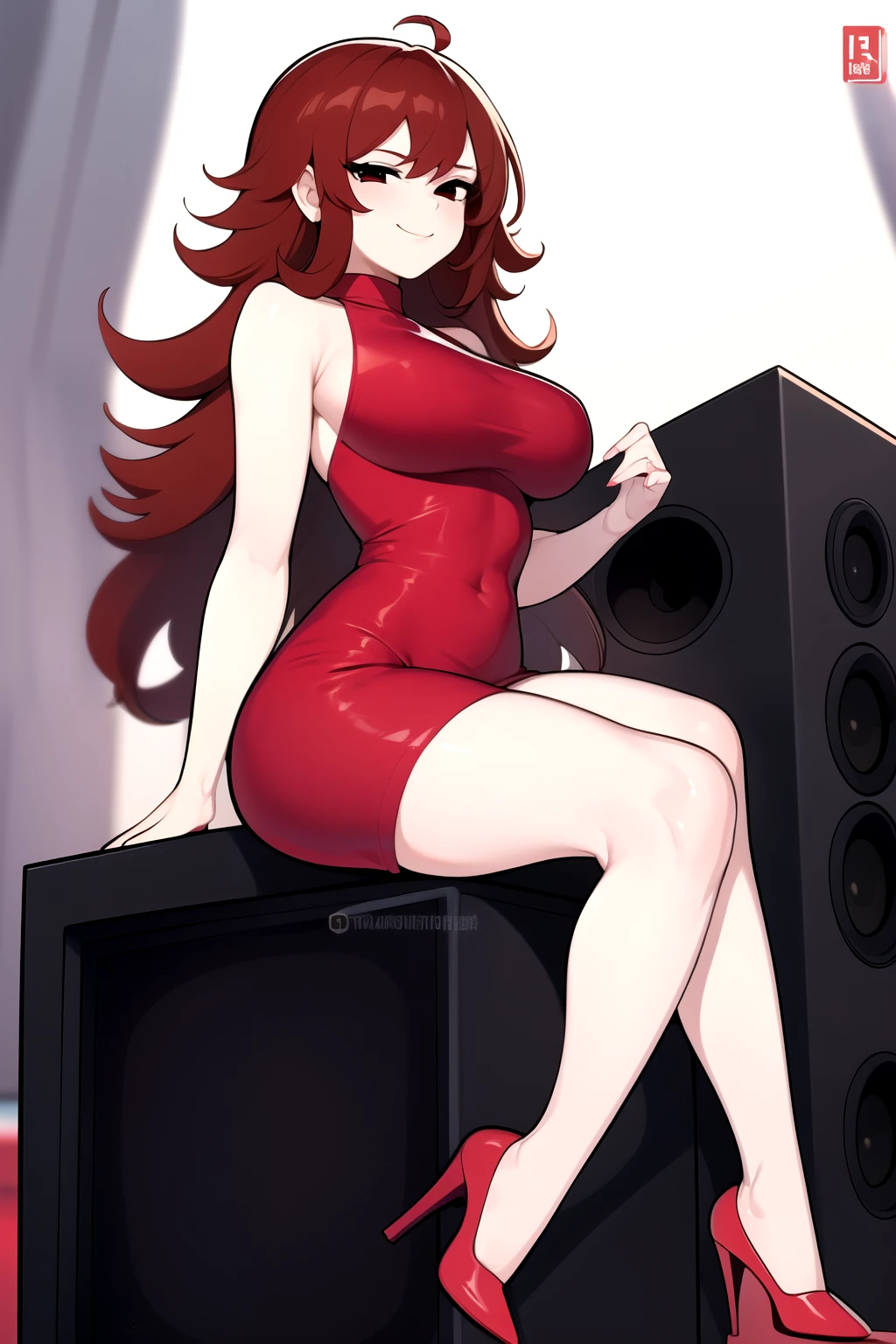 Highly detailed, High Quality, Masterpiece, beautiful, Girlfriend, 1girl, solo, full body, light smile, red dress, sitting, sitting on speaker,