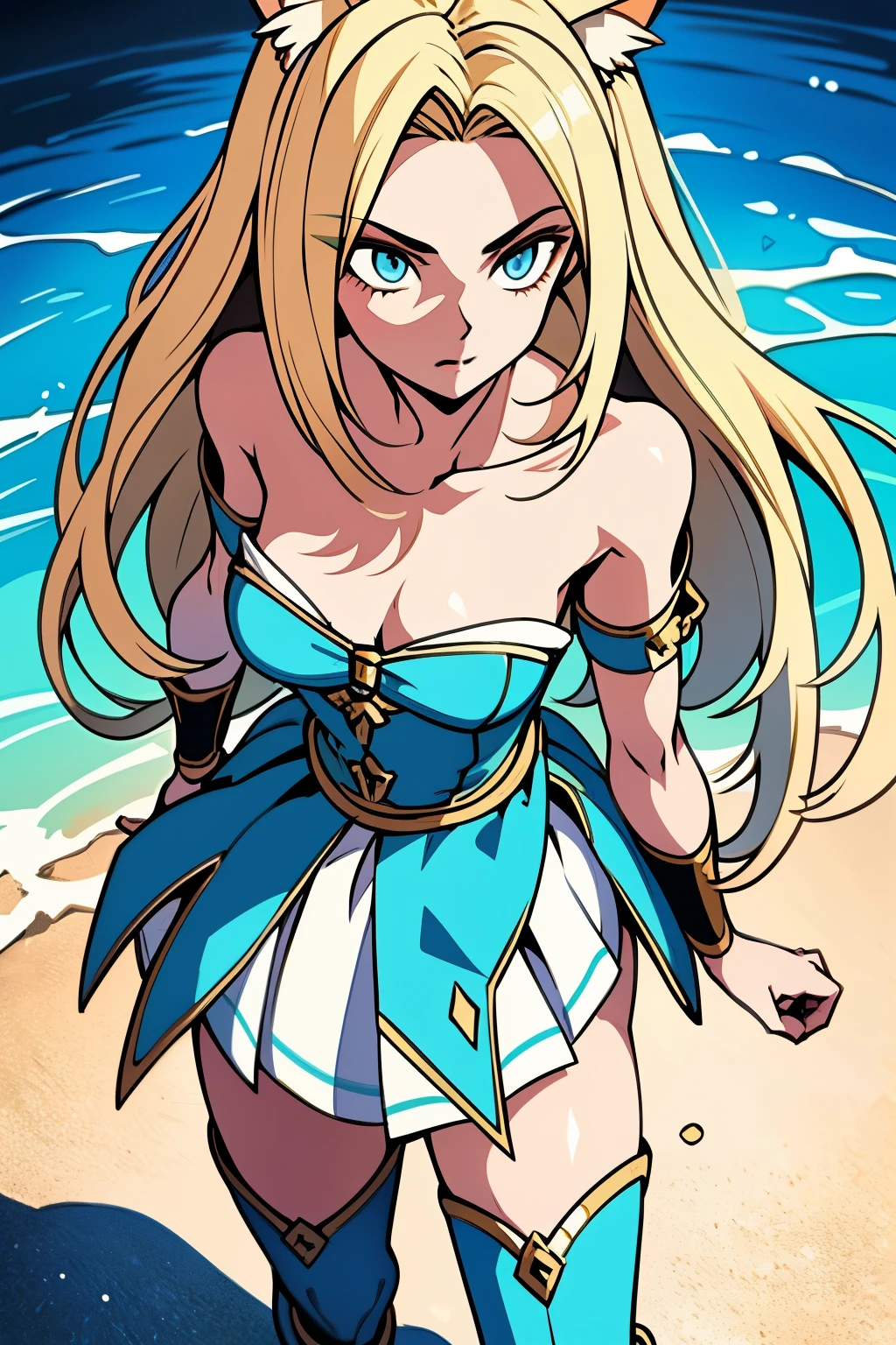 Beautiful 1girl, full body, ager, solo, (very long waist length blonde hair, straight blonde hair: 1.28), ((light blue eyes)), clear skin, (large darker fox ears: 1.35), pale skin, medium breasts, cleavage, (thin hips, thin waist , athletic body: 1.25), background, looking away, (wearing cropped cloth tunic green, leather skirt, van braces, boots with shin guards, hair clip: 1.1), walking in the sand, masterpiece, best quality,3d rending work ,3DMM style, close-up, portrait, 3D,