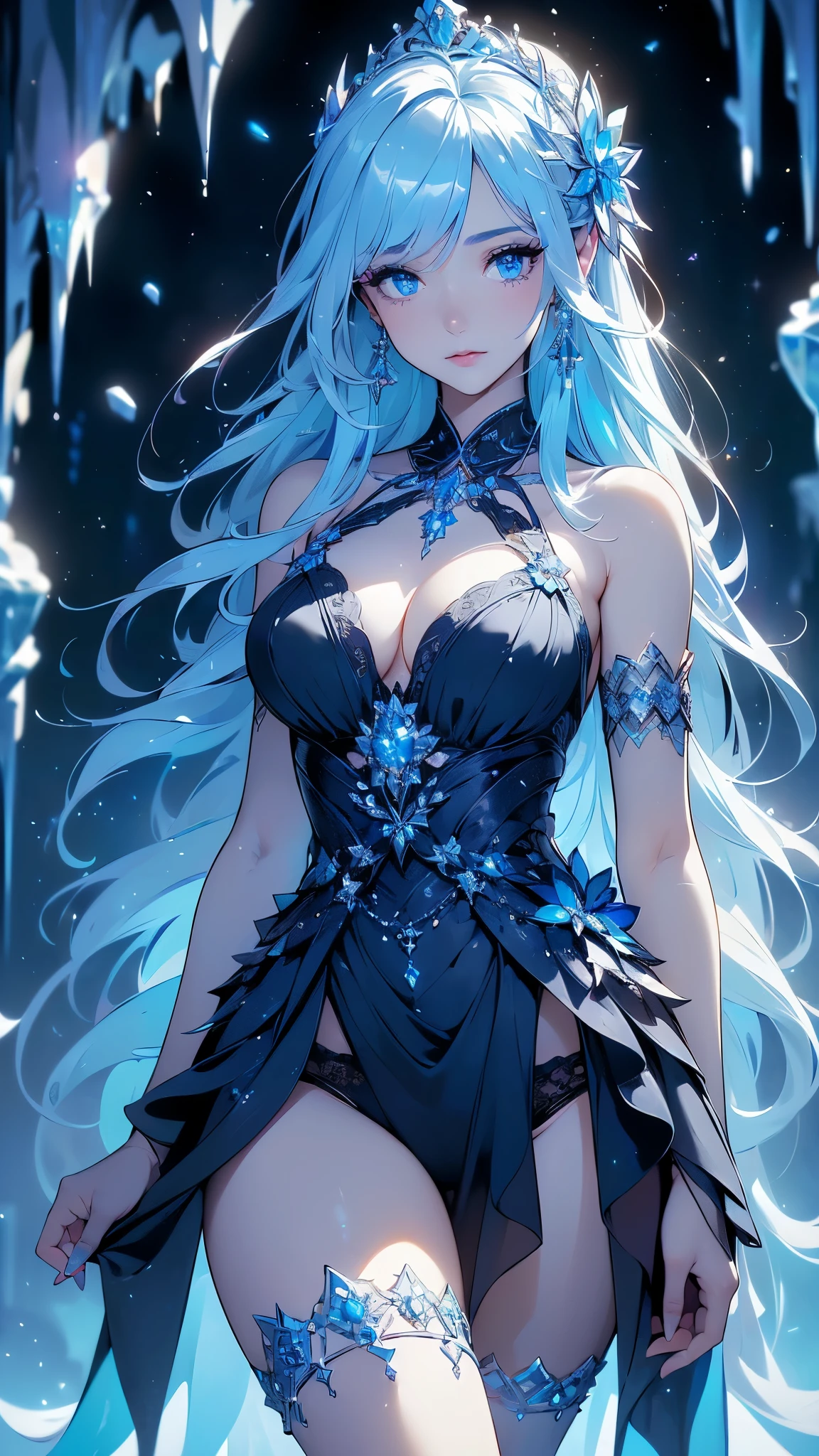 (obra maestra:1.3), ((Mejor calidad:1.3),imagina una flor de mujer de cristal, Her exquisite figure is like a sculptural work of art., llorando en el cielo estrellado. The blue night enveloped her, Casting a melancholic light on his ethereal figure. Her glass Brillo corporals with bright blue hues, Every line and curve is etched with intricate details.. El cristal de sus ojos refleja las estrellas ilantes., Reflecting the infinite depth and emotion of the universe.. Your sadness is beyond words., Pero su hermosa figura no se ve afectada., Proof of the extraordinary power of emotion. Esta mujer de cristal 4K es una imagen exquisita de luces y sombras., color, y sintiendo, llegar,Brillo corporal,linea brillante,fluorescencia,Ejemplo luminoso,Ejemplo de seguimiento,destello,萤light particles,iluminar desde el fondo,translucent,light particles,correct human anatomy,(mostrando pan.4),(convexo dedos detailed),( fondo caverna piedras grandes congelado hielo :1.4), 16k