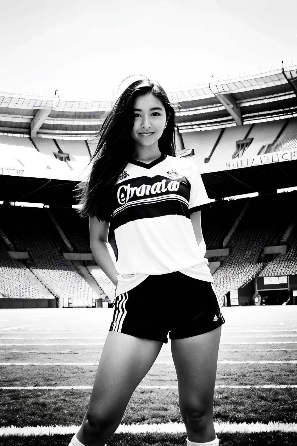 make a soccer shirt, stretched across the goalposts of a football stadium without a logo, without sponsorship in black and white colors in the shirt, make the front, with a delicious woman