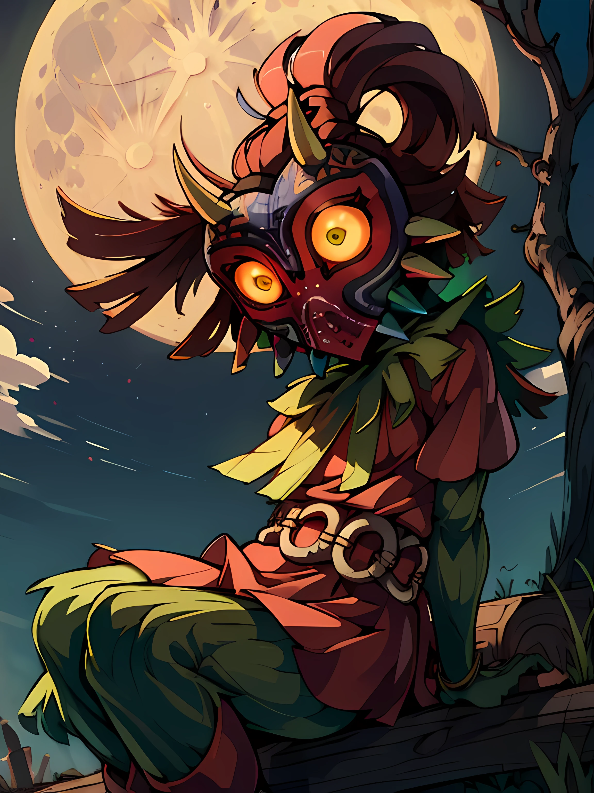 ((masterpiece,best quality)), absurdres, 
Majora_Zelda, solo, 1woman, mask, horns, glowing eyes,
looking at viewer, female focus, outdoors, sky, tree, no humans, night, moon, night sky, full moon, high saturation, detailed