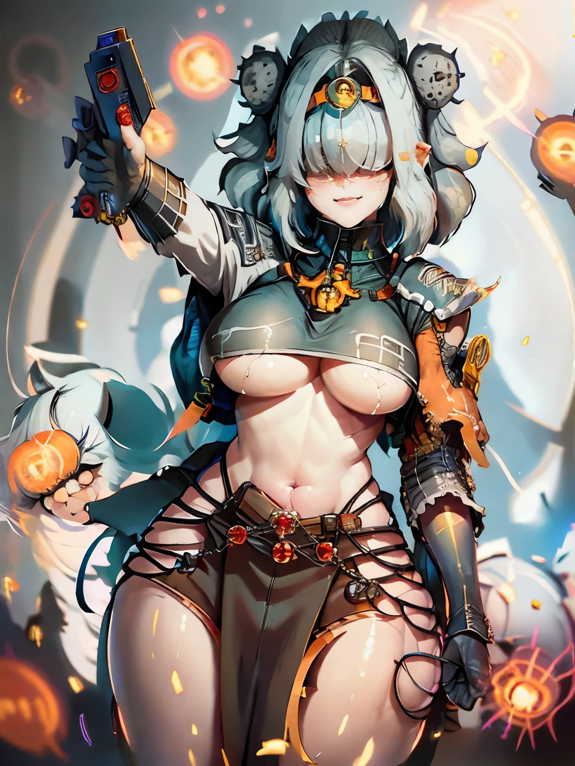(Best Quality, Ultra Resolution: 1.0),(Photorealistic, Ultra Detail, Clear Focus 1:0), 1girl, solo, beautiful pretty cute small face, realistic, (1girl:1.3), Mature, woman, short hair, bangs, sadistic smile, evil smile, smug, ((hair over eyes:1.5)), white hair, one side up, perfect body, biomechanical oppai, underboob, long sleeves, power armor, exposed breasts, large breasts, no bra, thigh highs, high thigh highs, tabard, exposed, cyborg, cyborg woman, cybernetics, cybernetic, robot, robotic arm, robotic leg, belt, backpack, Adepta sororita, sister of battle, battle nun, nun, bolter, boltgun, gun, firearm, pistol warhammer 4 0 k, Warhammer fantasy, 2b, wh 4 0 k, warhammer 4 0 k fantasy, warhammer 40k, WH40K, w 4 0 k, looking at viewer, ((aiming at viewer)), (holding pistol, handgun: 1.5)
