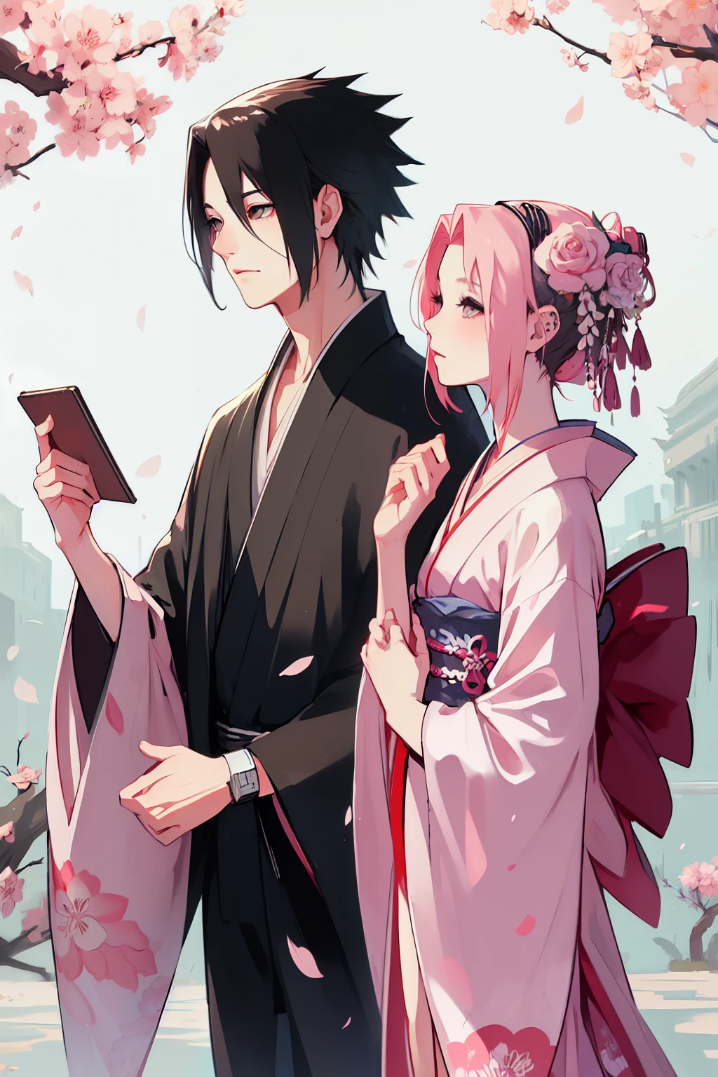 Sasusaku. Sasuke, the tall, handsome man with chiseled features, piercing black eyes, and black hair. He's wearing a kimono, he's a prince. The woman is sakura, equally stunning with soft features and delicate features, her hair is short and pink that falls elegantly around her face, adding to her romantic and dreamy appearance. She is wearing a kimono. The couple is in a ceremony at a temple. hands down.