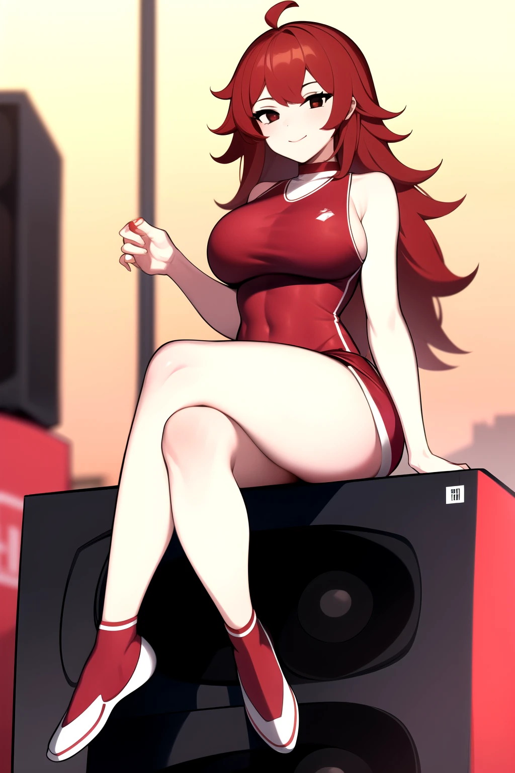 Highly detailed, High Quality, Masterpiece, beautiful, Girlfriend, 1girl, solo, full body, light smile, red volleyball uniform, sitting, sitting on speaker, 